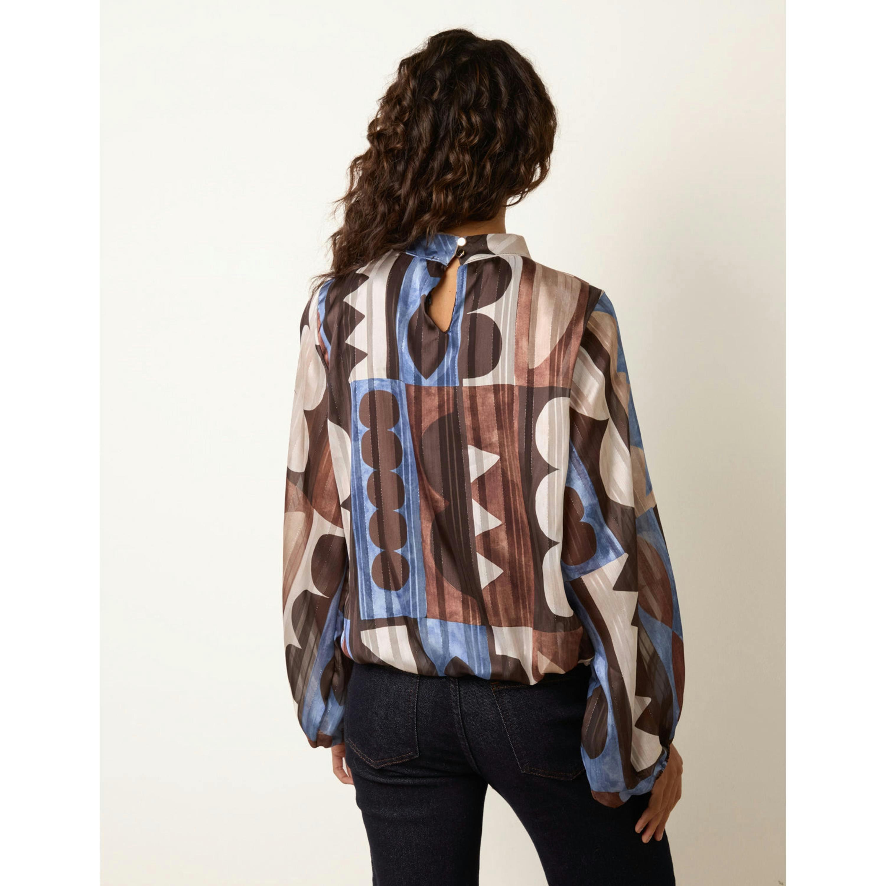 Blue Vanilla Geometric Print Scoop Neck Long Sleeve Blouse  in Brown , view 2 of 4