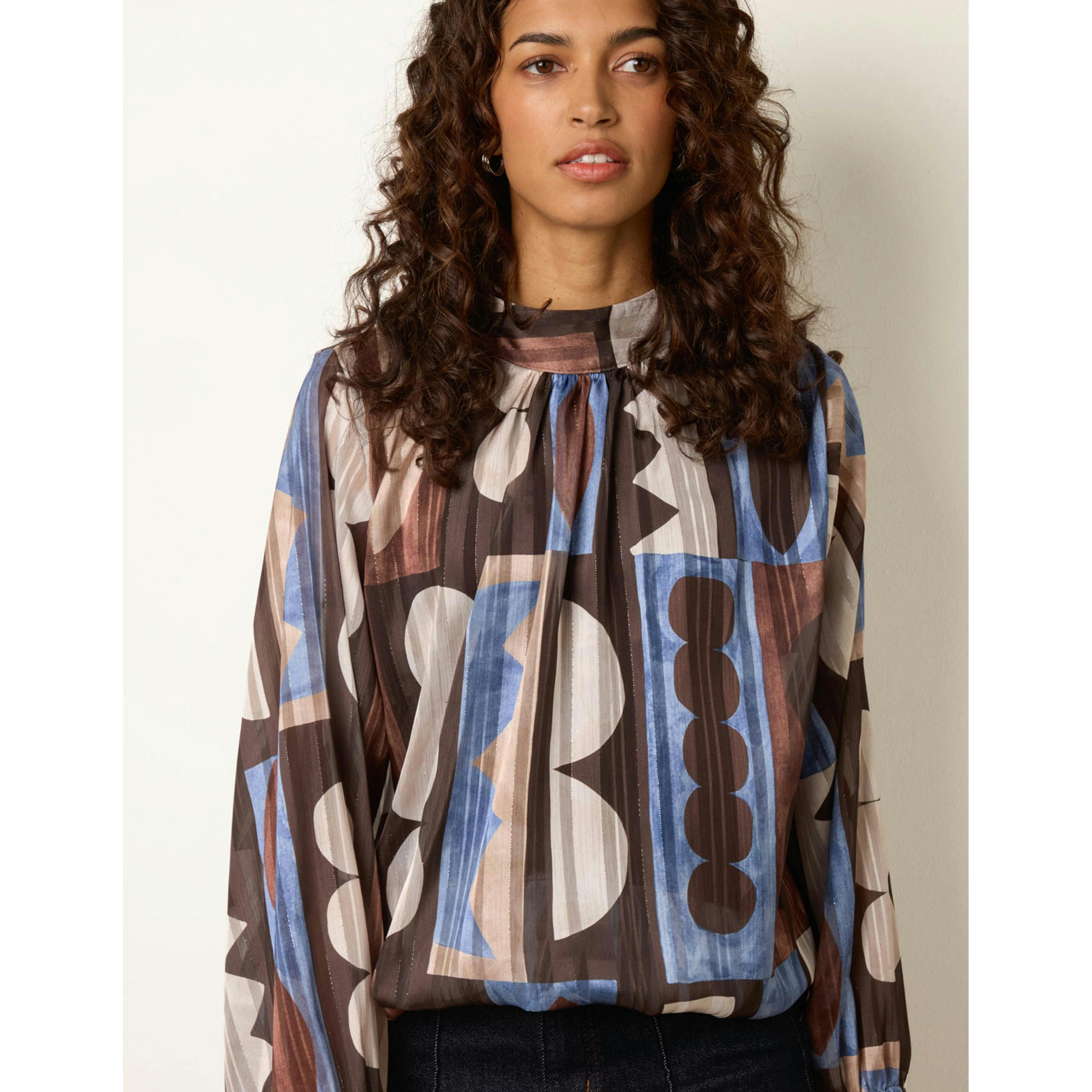 Blue Vanilla Geometric Print Scoop Neck Long Sleeve Blouse  in Brown , view 3 of 4