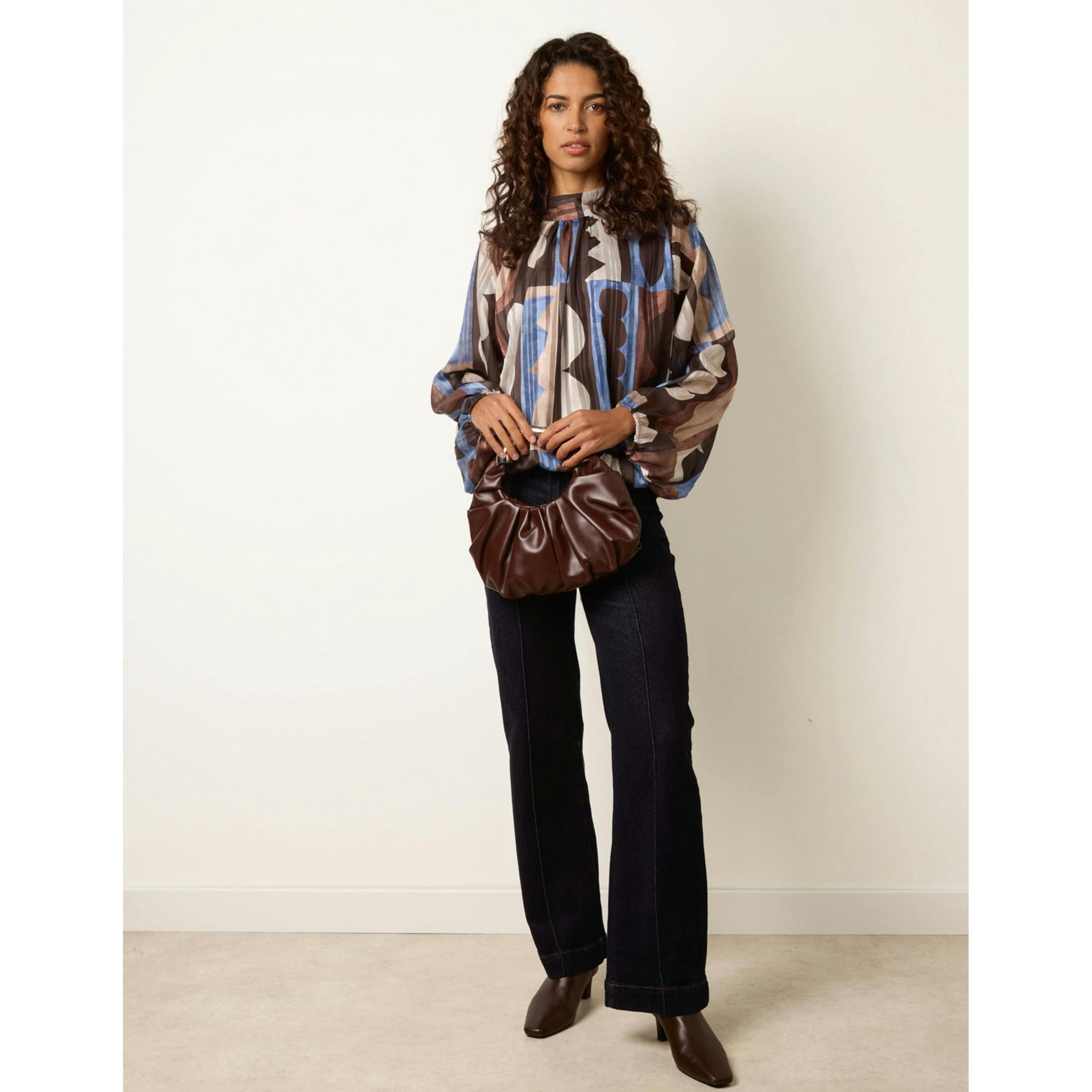 Blue Vanilla Geometric Print Scoop Neck Long Sleeve Blouse  in Brown , view 4 of 4