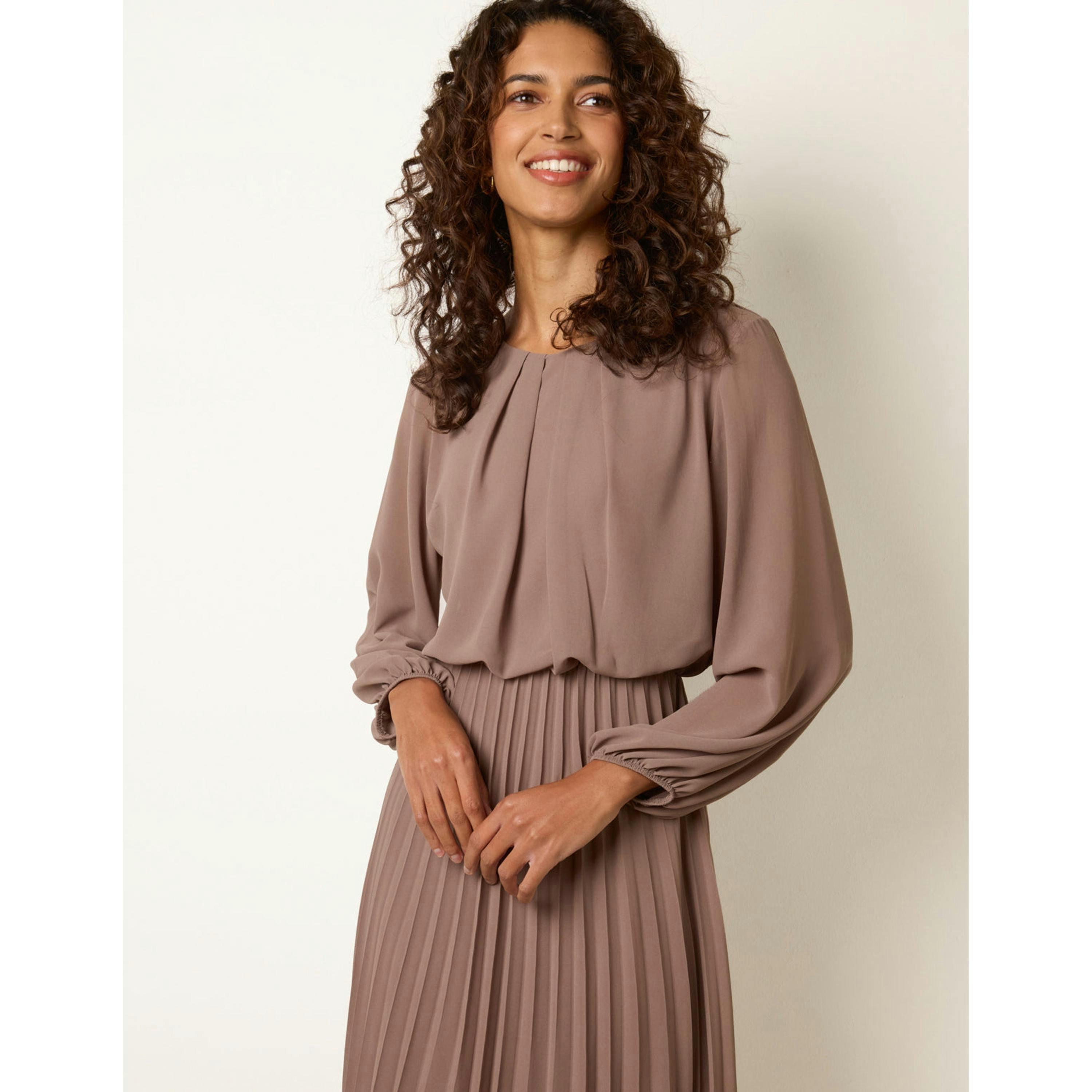 Blue Vanilla Scoop Neck Pleated Dress  in Beige , view 3 of 4