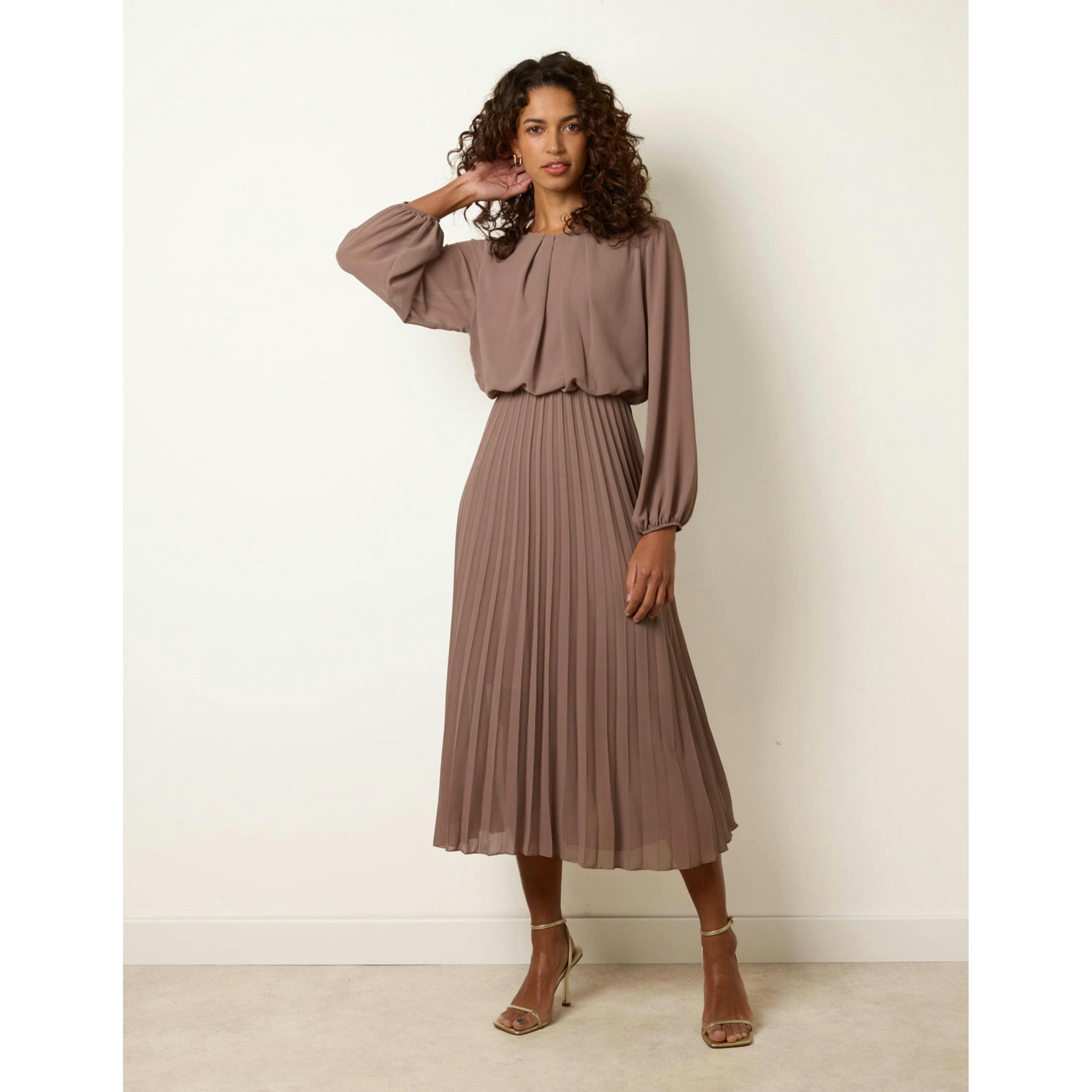 Blue Vanilla Scoop Neck Pleated Dress  in Beige , view 4 of 4