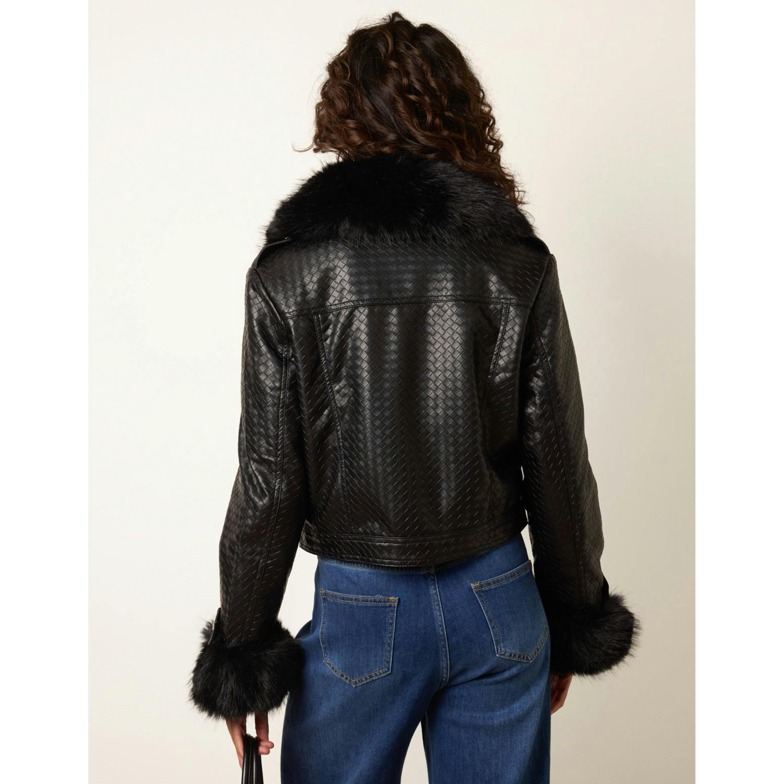 Blue Vanilla Woven PU Faux Fur Trim Jacket  in Black , view 2 of 4