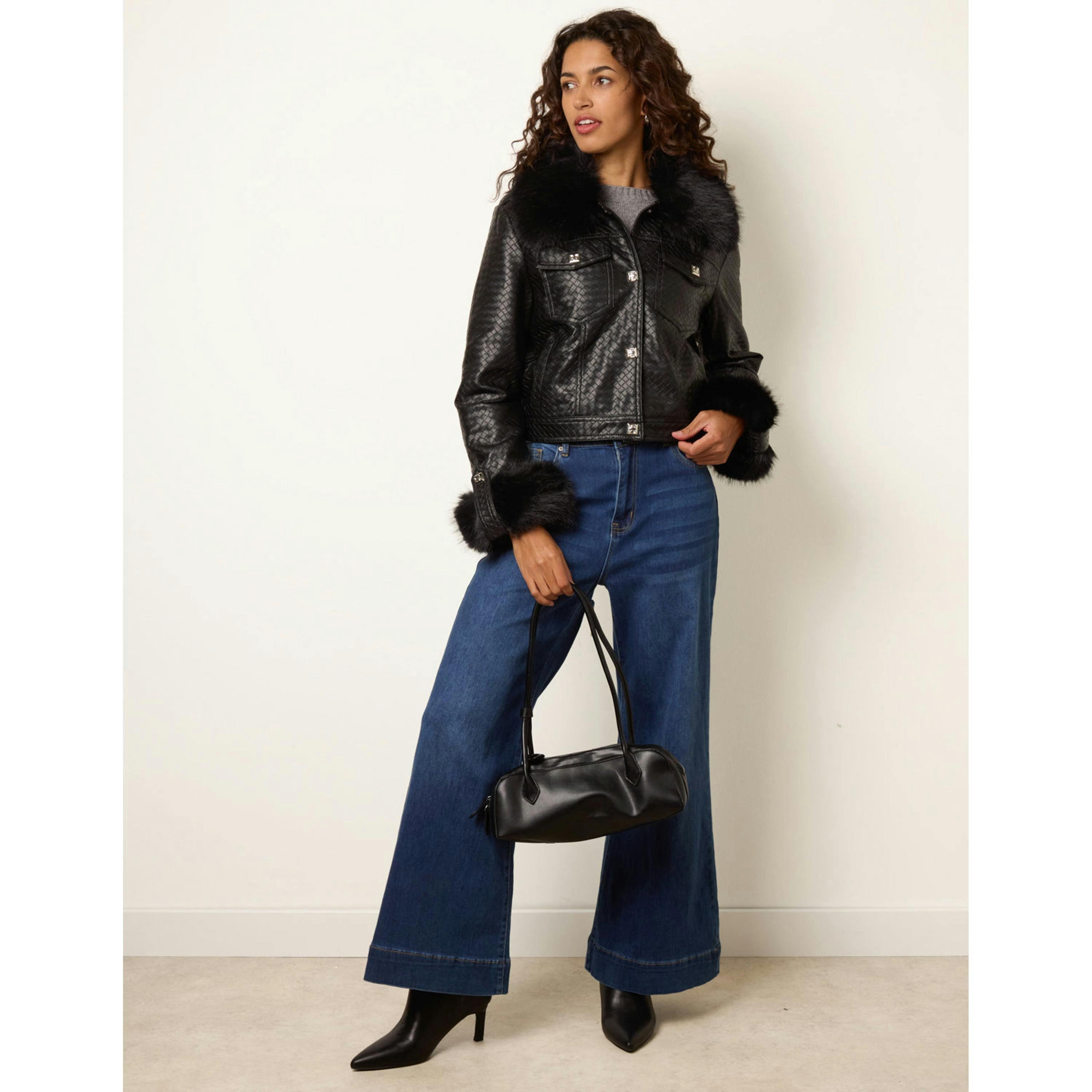 Blue Vanilla Woven PU Faux Fur Trim Jacket  in Black , view 3 of 4