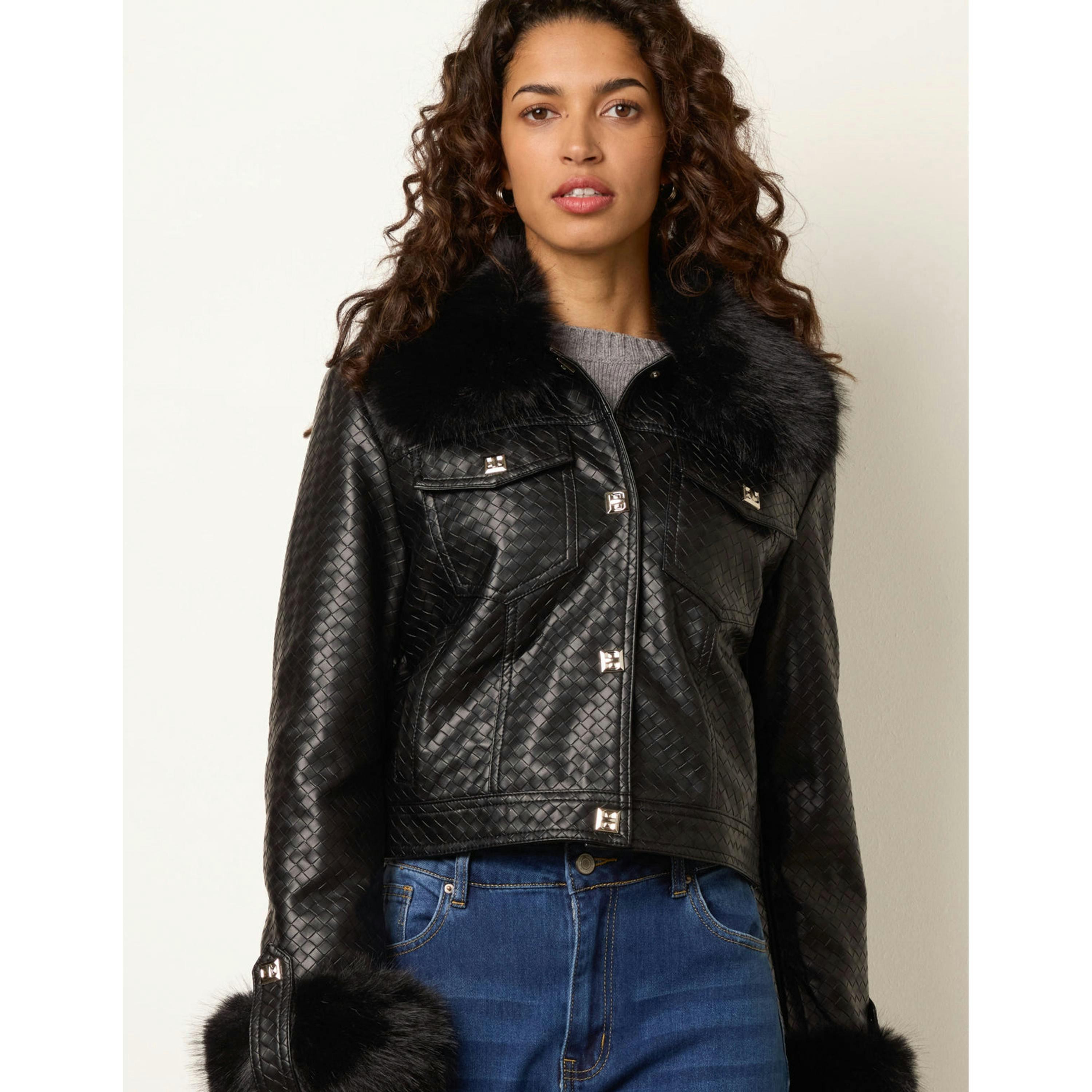 Blue Vanilla Woven PU Faux Fur Trim Jacket  in Black , view 4 of 4