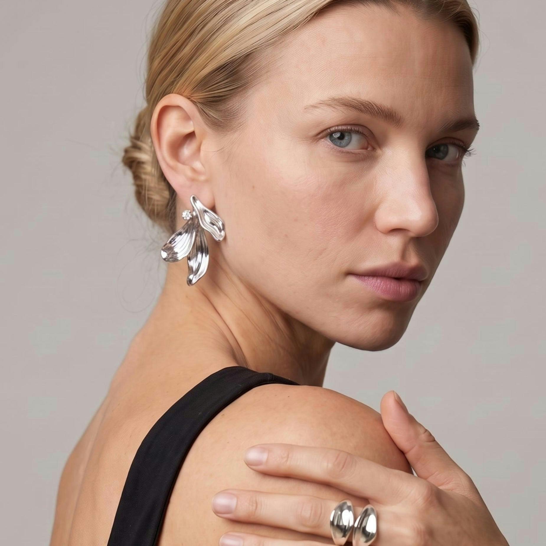 Kinmokusei Silver Petal Statement Earrings , view 2 of 5