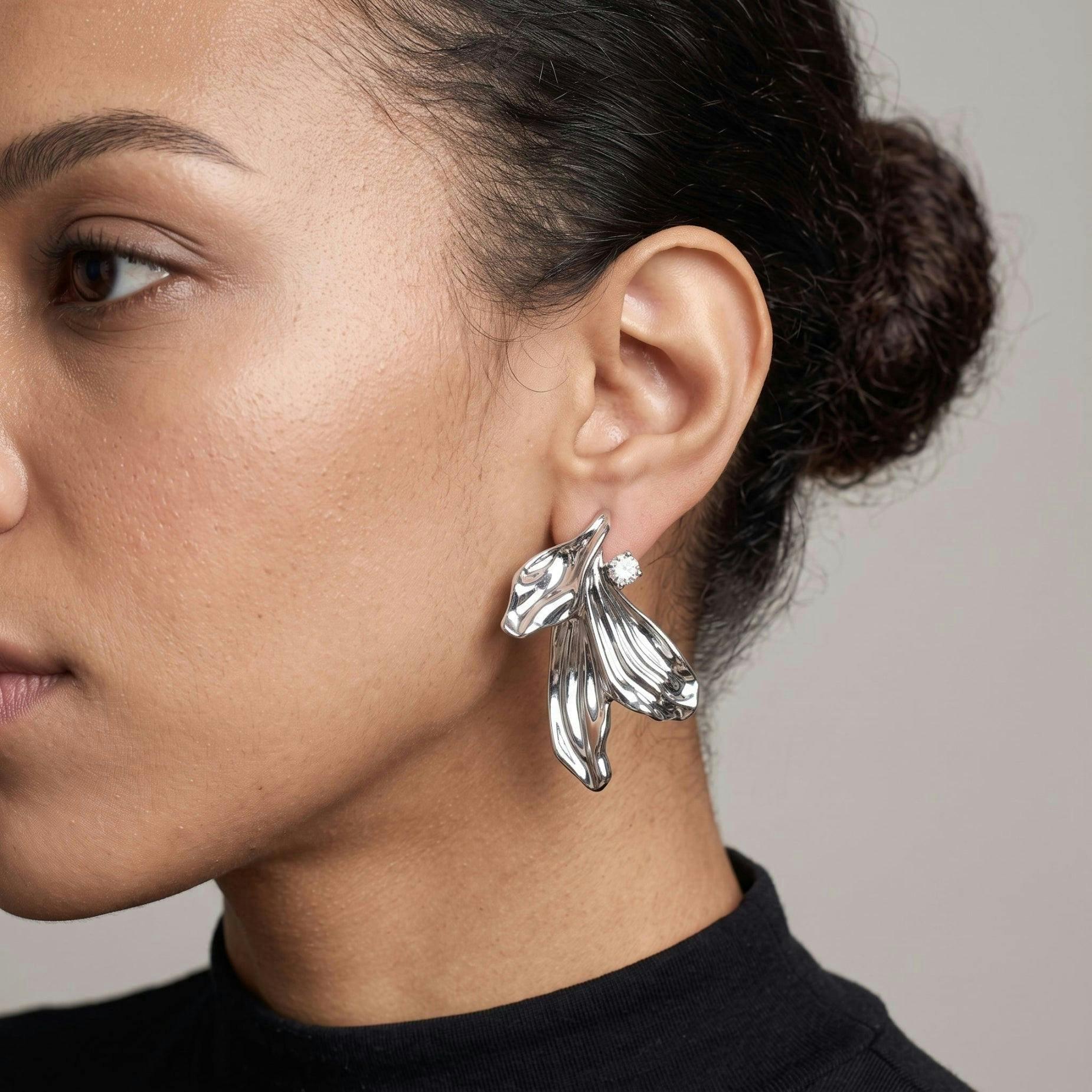 Kinmokusei Silver Petal Statement Earrings , view 3 of 5