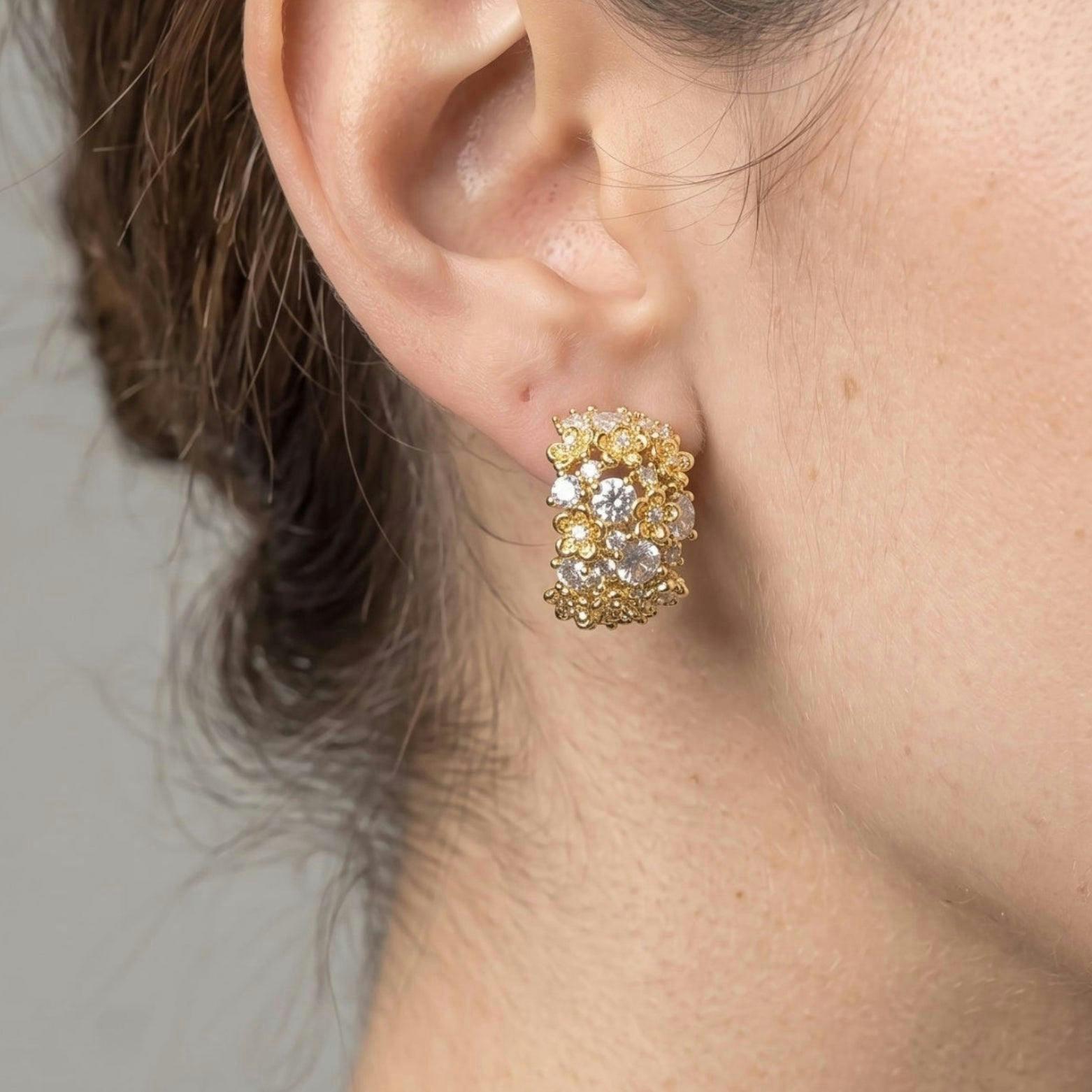 Kinmokusei Gold Floral and Stone Hoop Earrings , view 3 of 5