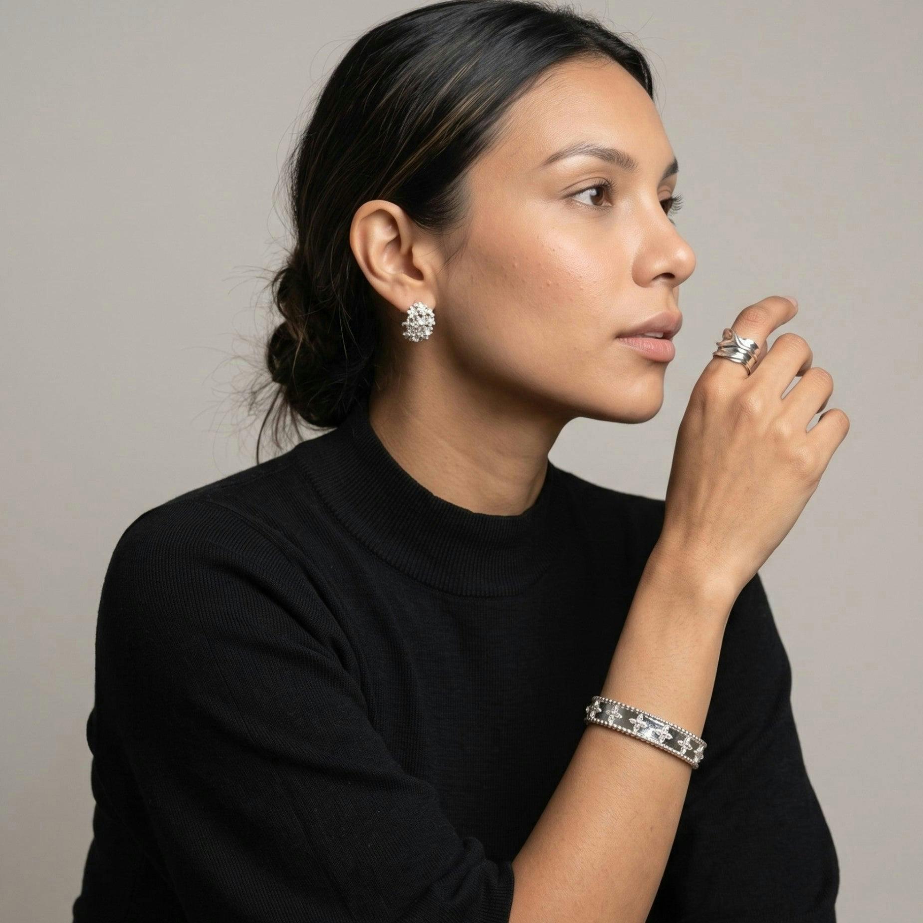 Kinmokusei Silver Floral and Stone Hoop Earrings , view 2 of 5