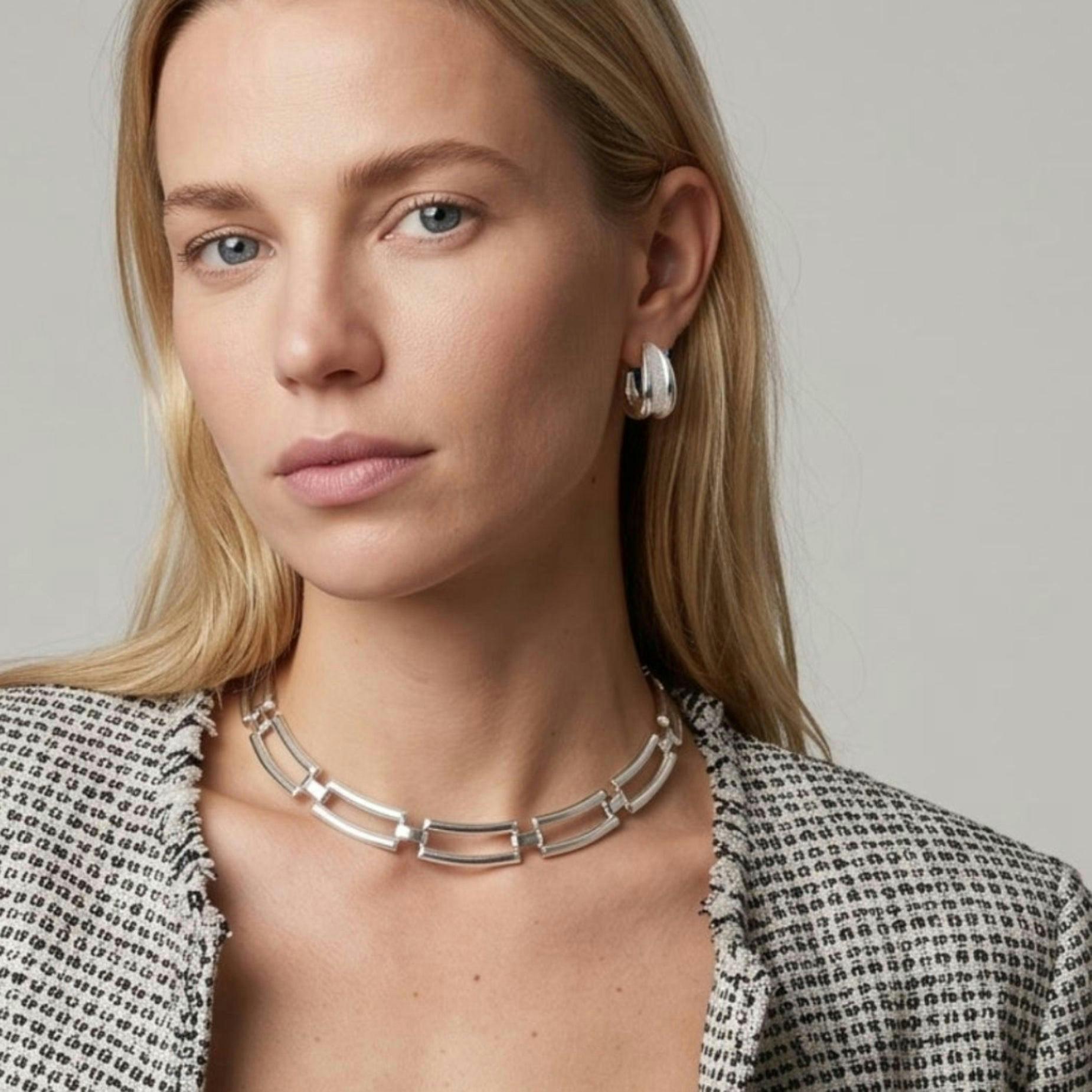 Shikaku Silver Rectangle Link Statement Necklace , view 2 of 5