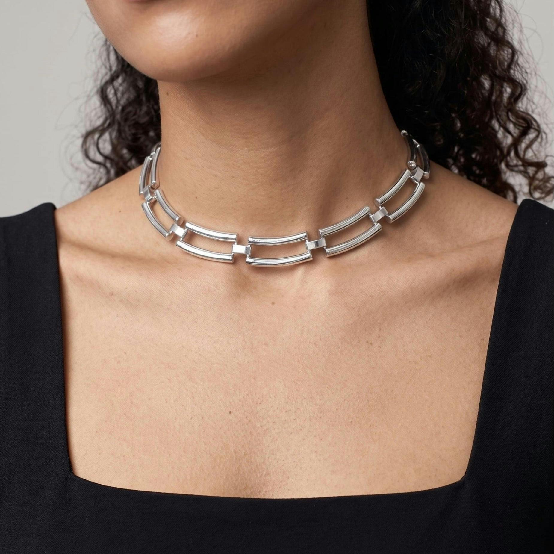 Shikaku Silver Rectangle Link Statement Necklace , view 3 of 5