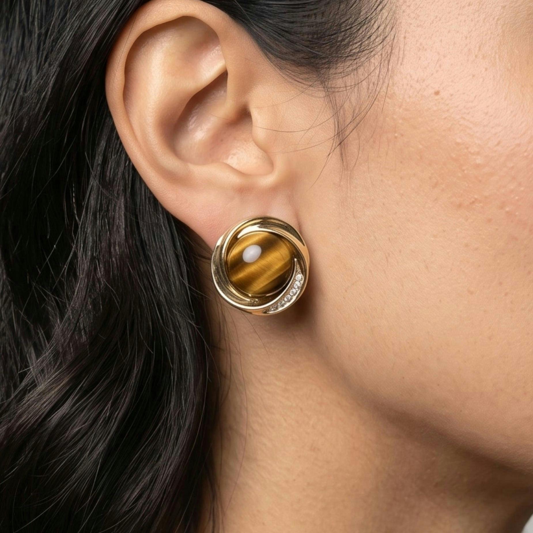 Nekomeishi Tigers Eye Gold Stone Stud Earrings , view 3 of 5