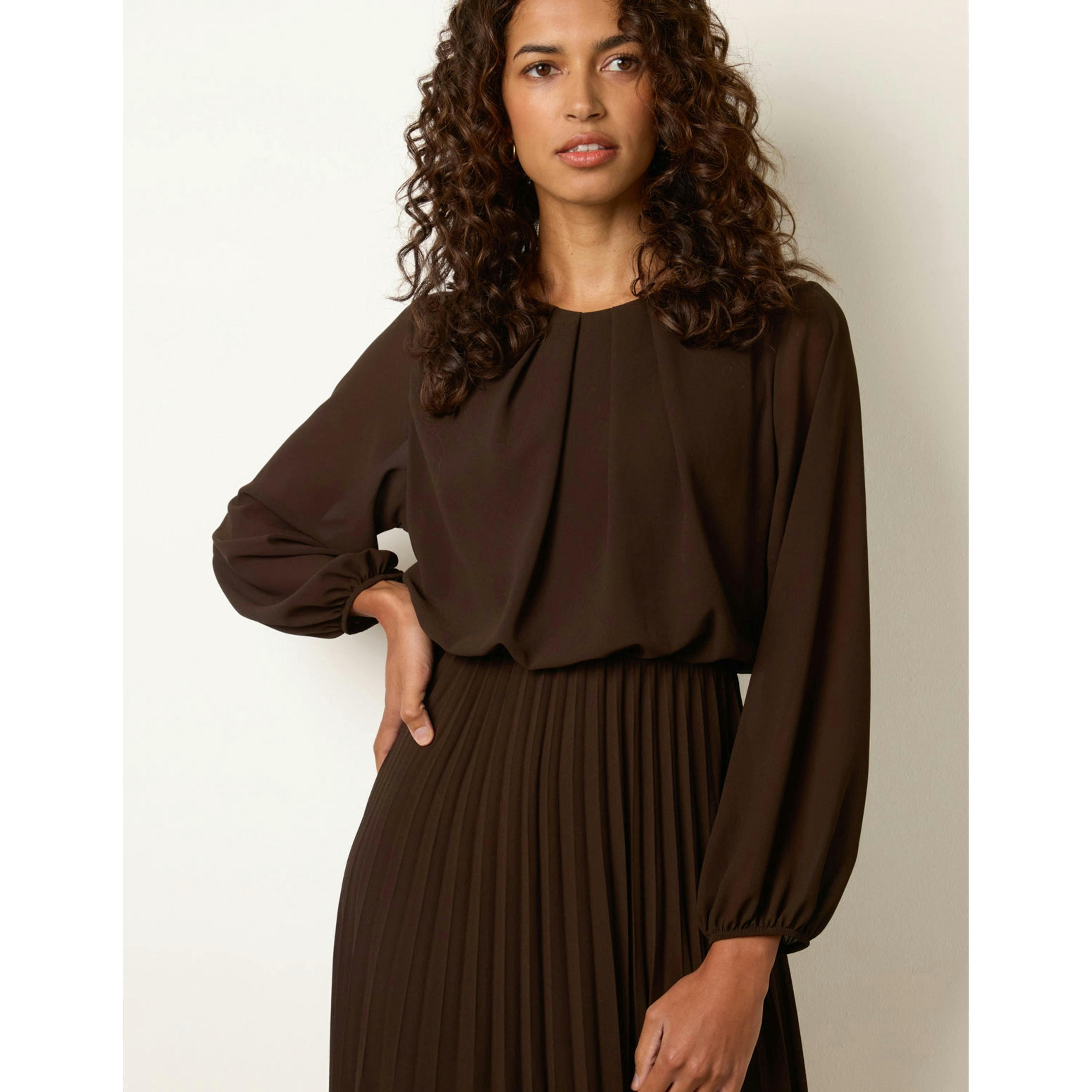 Blue Vanilla Scoop Neck Pleated Dress  in Brown , view 3 of 4