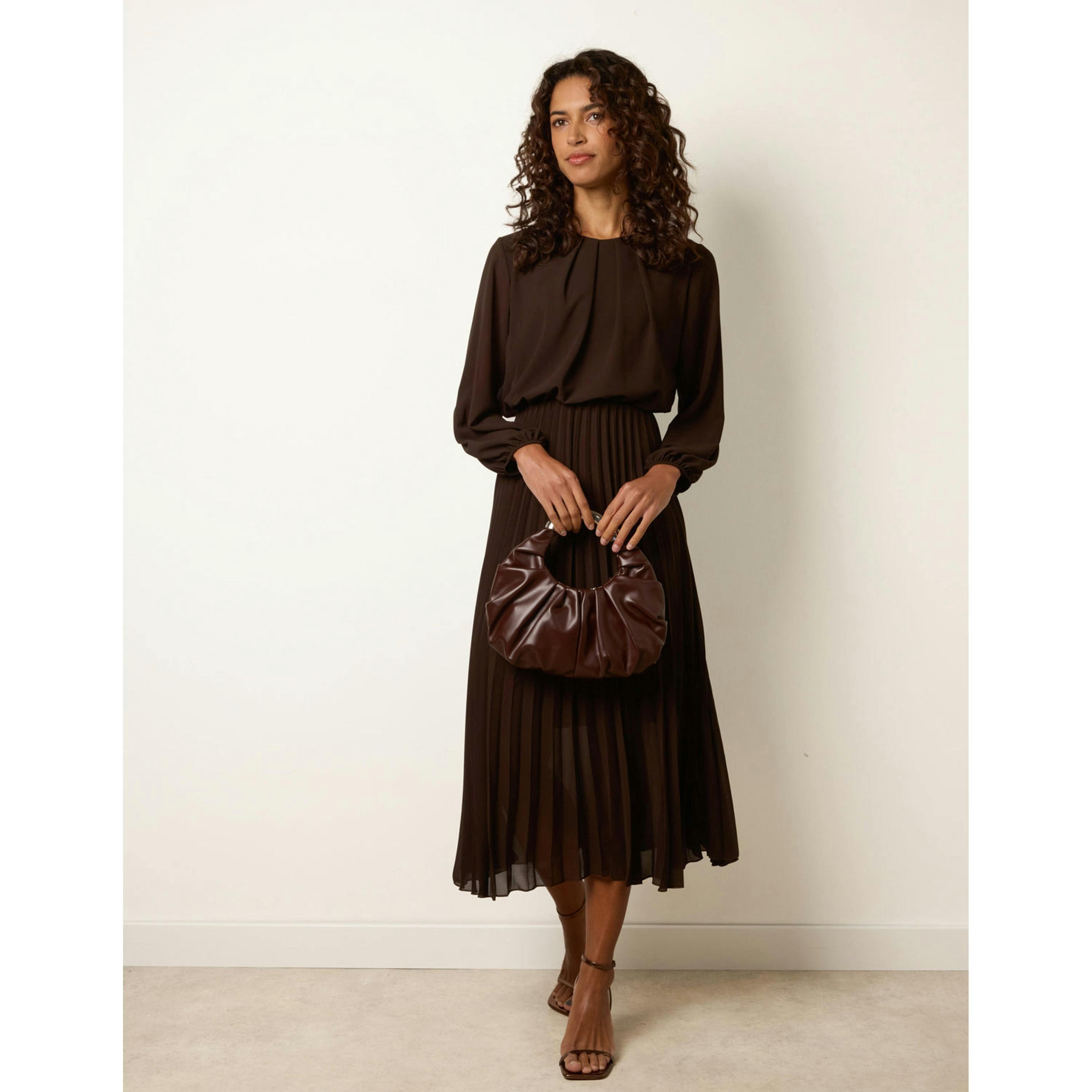 Blue Vanilla Scoop Neck Pleated Dress  in Brown , view 4 of 4