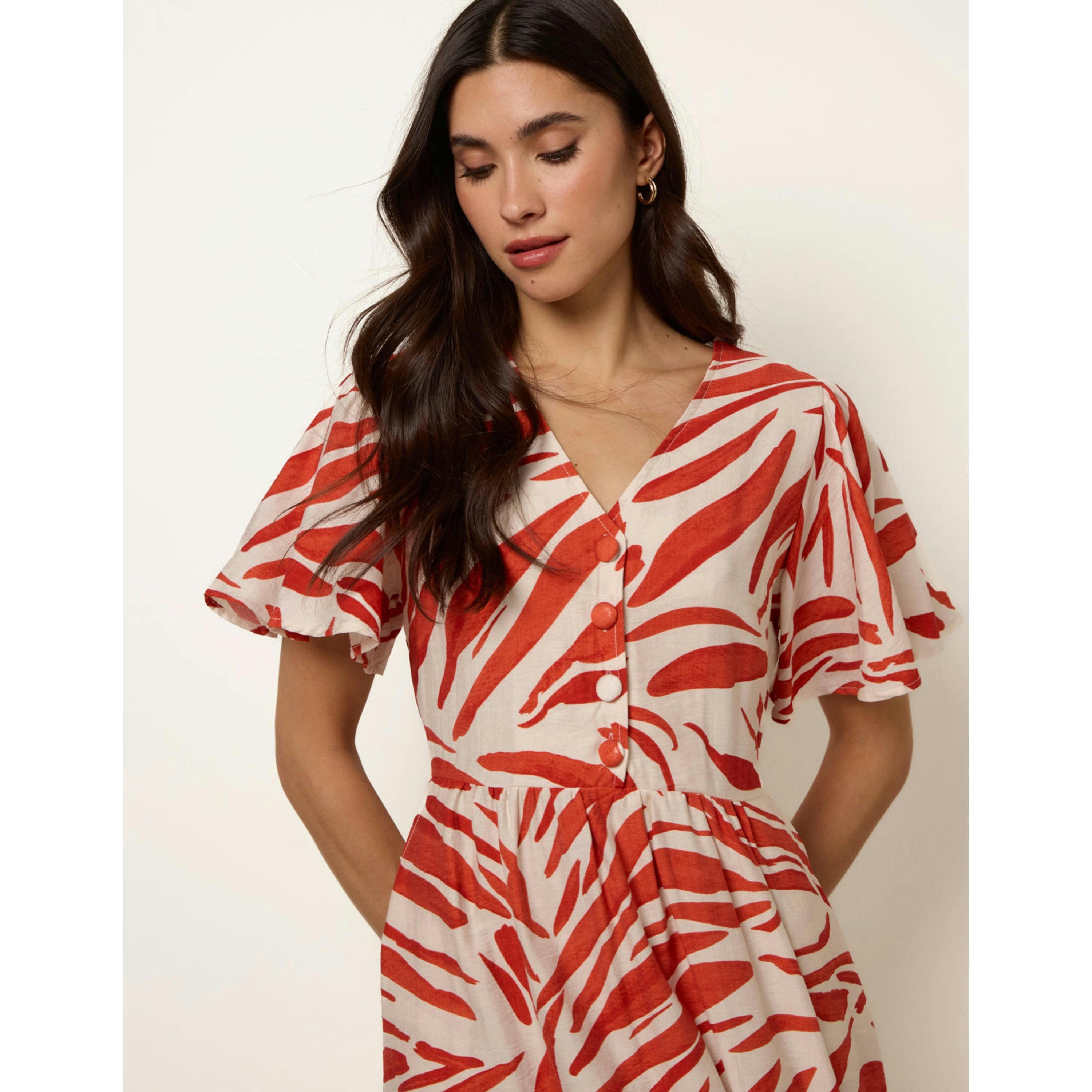 Blue Vanilla Dress With Brushstroke Leaf Print  in Orange , view 3 of 4
