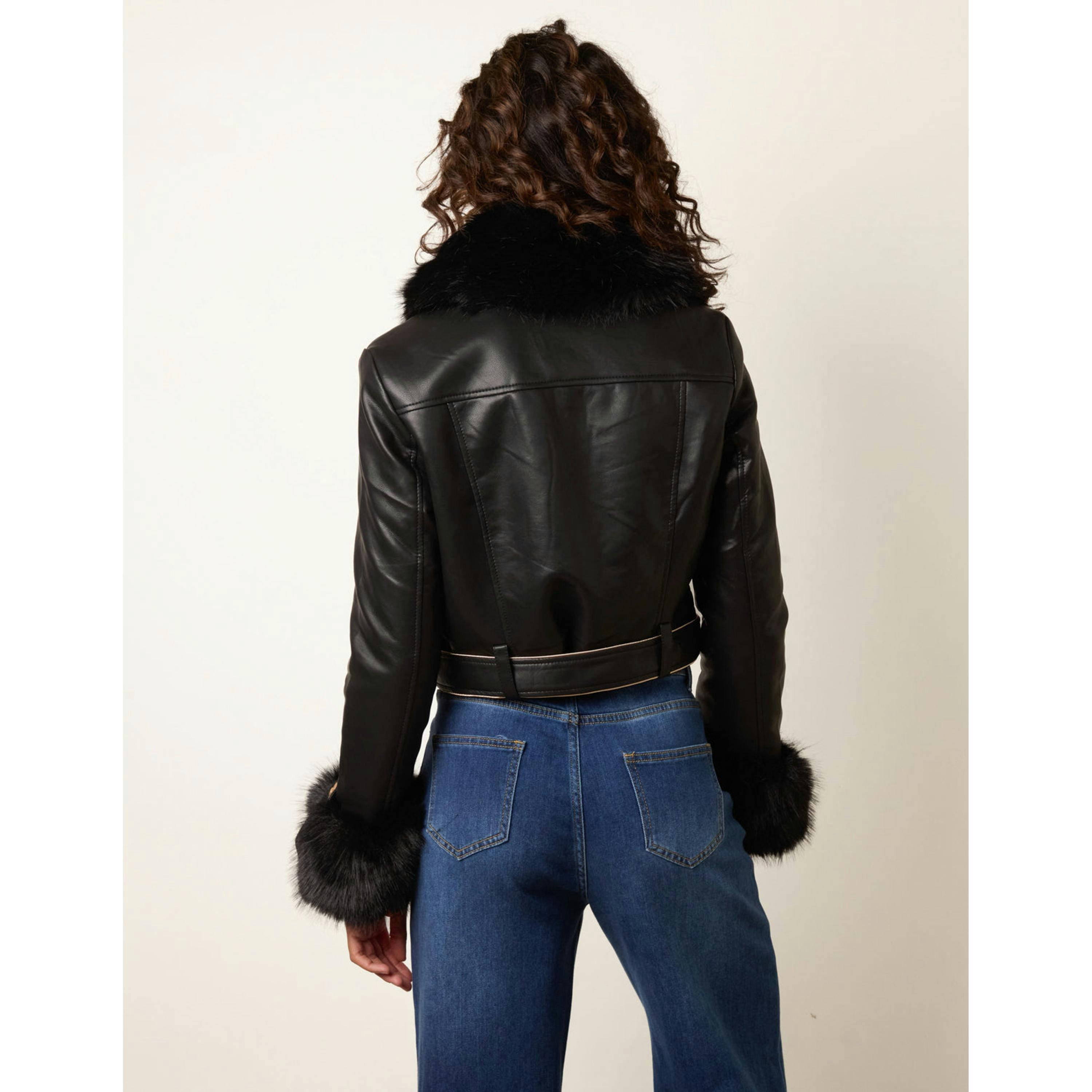 Blue Vanilla Faux Fur Belted PU Biker Jacket  in Black , view 2 of 4
