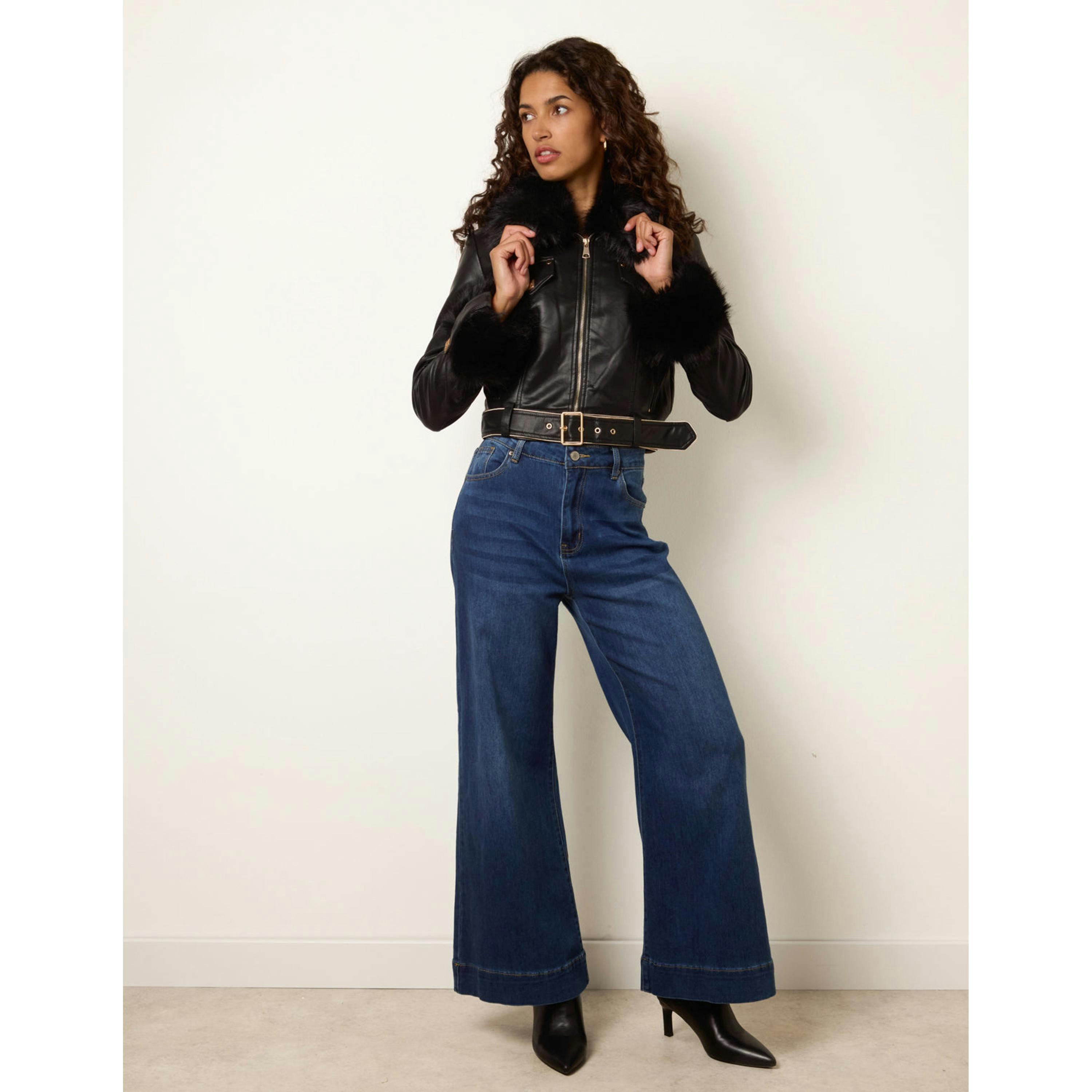 Blue Vanilla Faux Fur Belted PU Biker Jacket  in Black , view 3 of 4