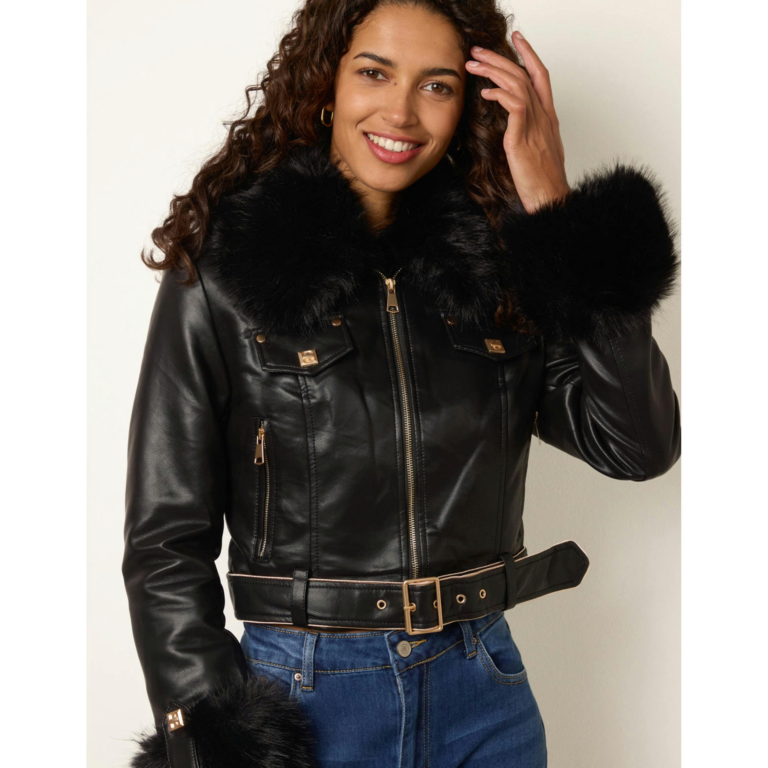 Blue Vanilla Faux Fur Belted PU Biker Jacket  in Black , view 4 of 4