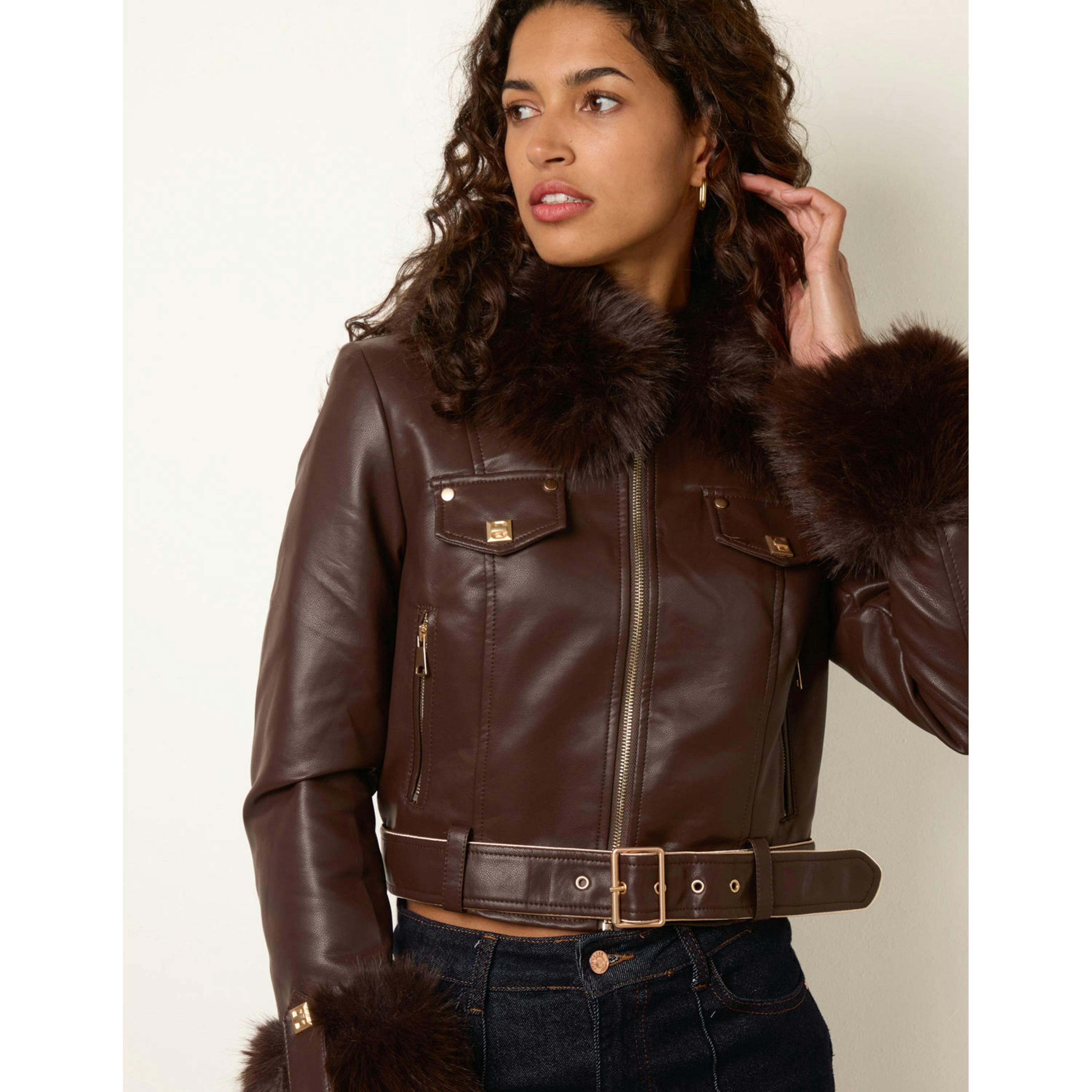 Blue Vanilla Faux Fur Belted PU Biker Jacket  in Brown , view 3 of 4