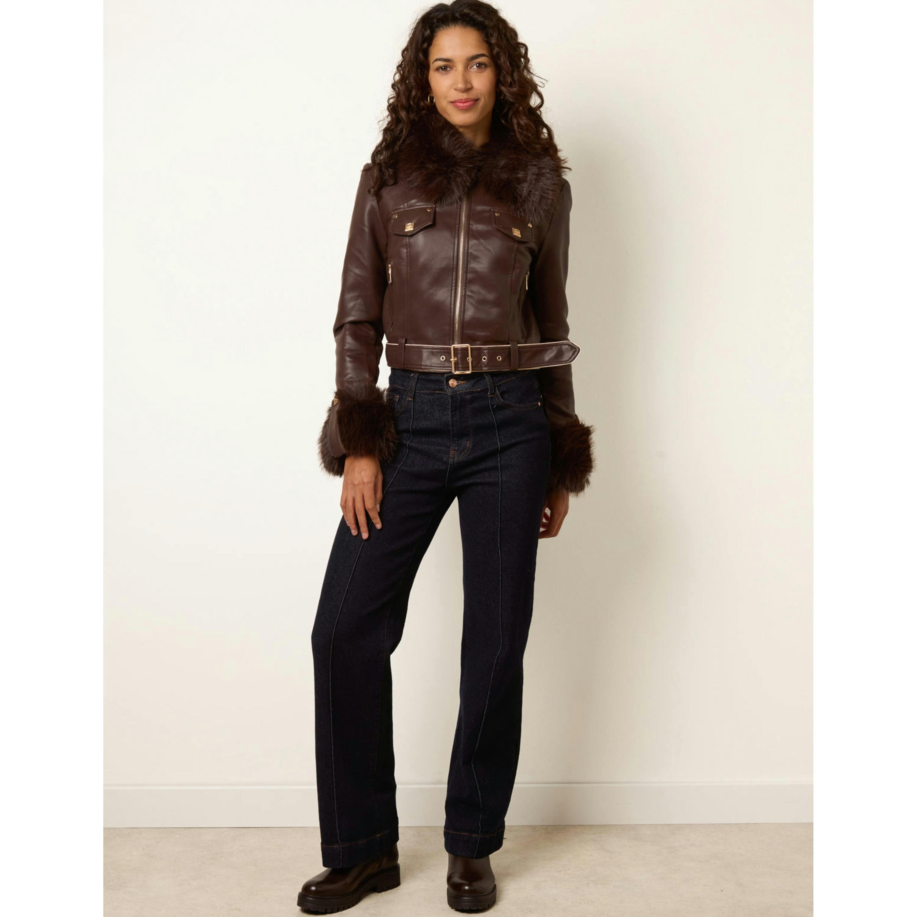 Blue Vanilla Faux Fur Belted PU Biker Jacket  in Brown , view 4 of 4