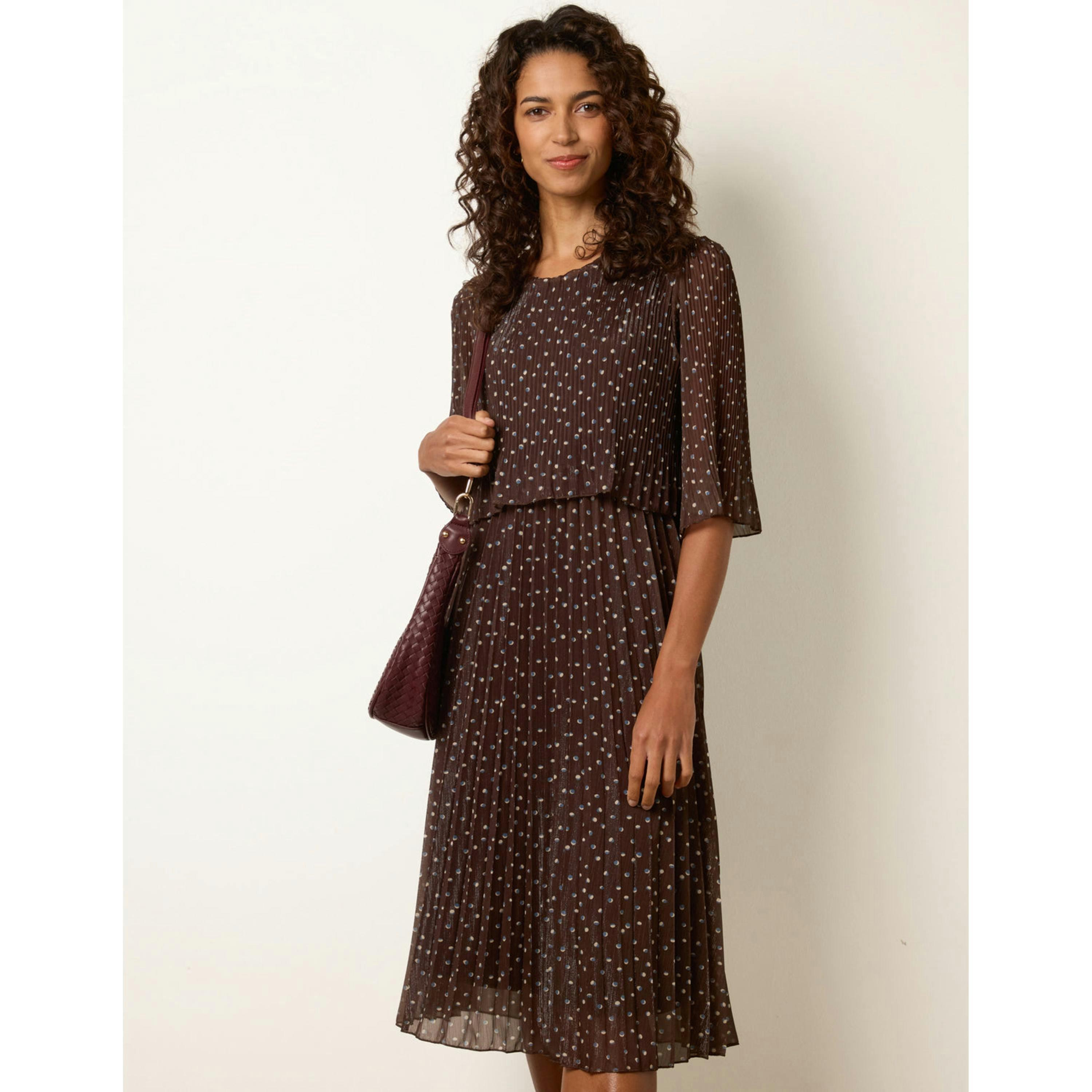 Blue Vanilla Polka Dot Pleated 2 In 1 Dress  in Brown , view 3 of 4