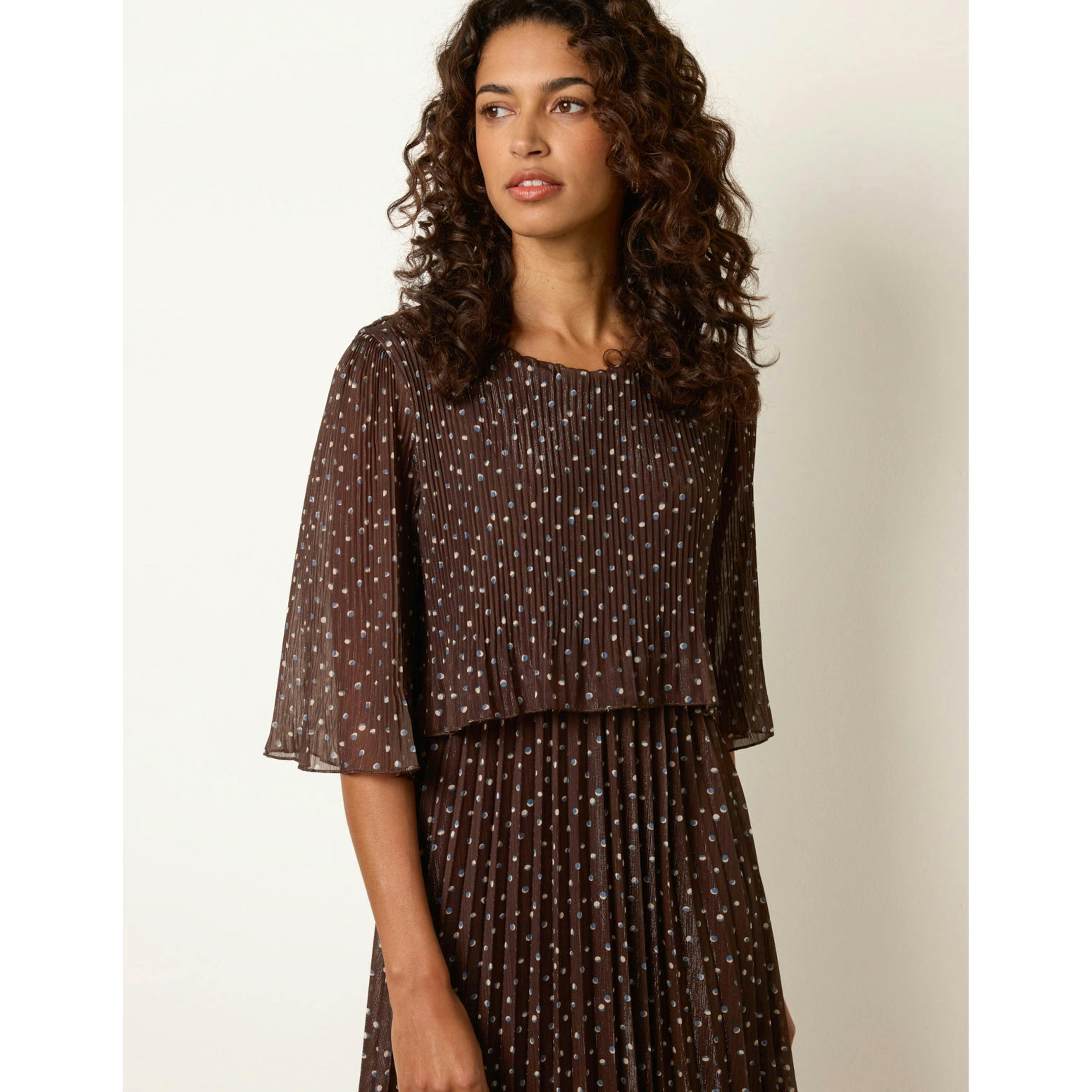 Blue Vanilla Polka Dot Pleated 2 In 1 Dress  in Brown , view 4 of 4