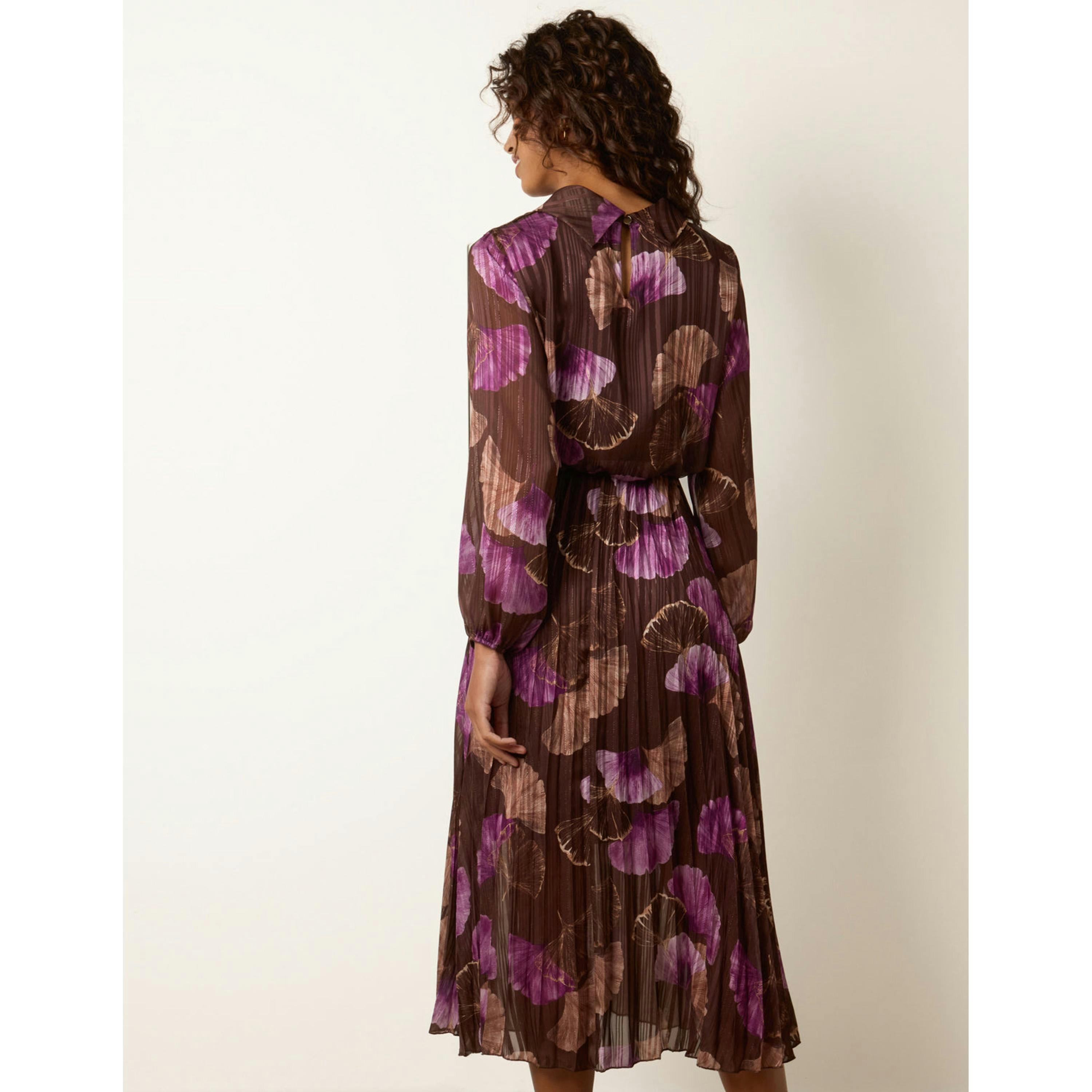 Blue Vanilla Metallic Chiffon Cowl Neck Pleated Dress  in Brown , view 2 of 4