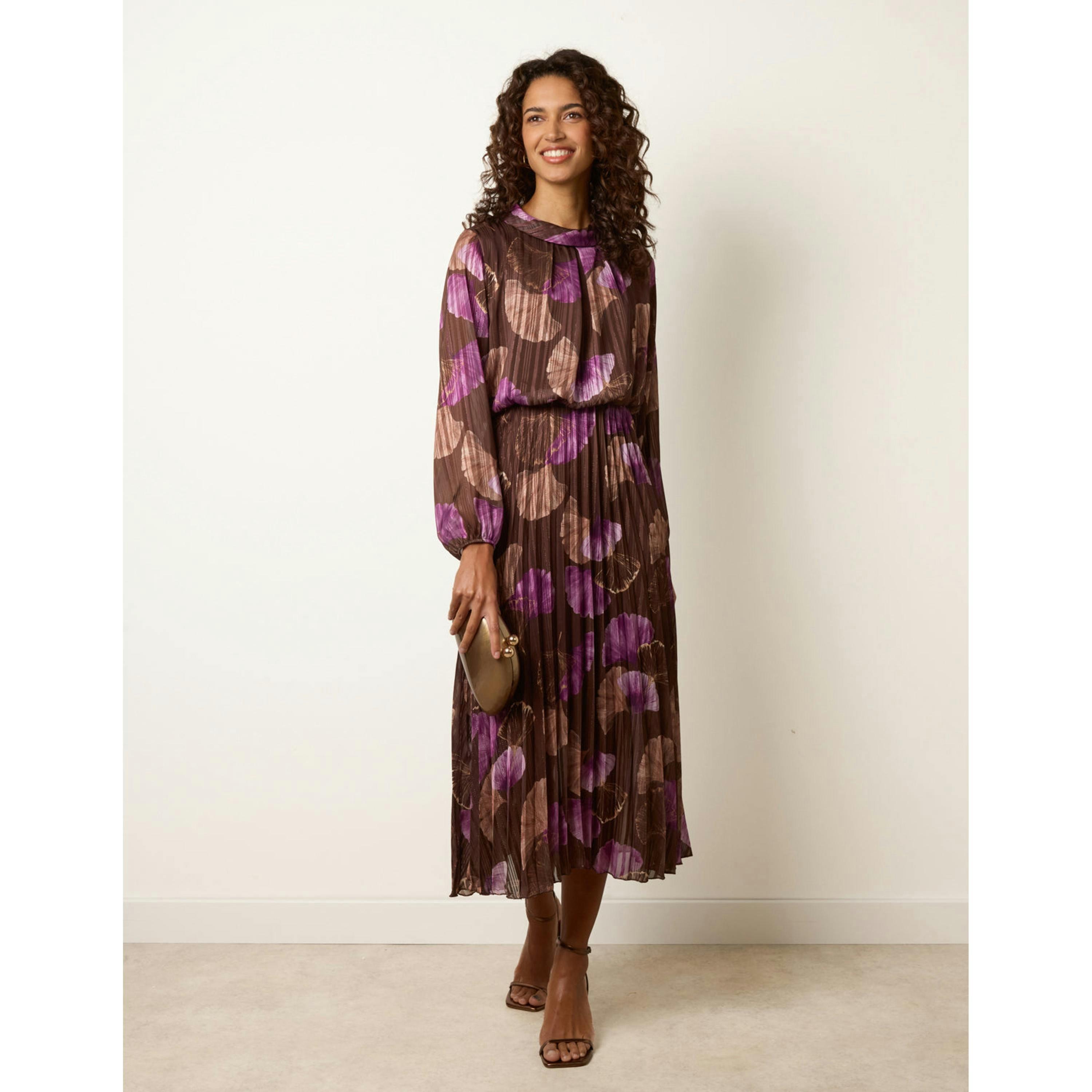Blue Vanilla Metallic Chiffon Cowl Neck Pleated Dress  in Brown , view 3 of 4
