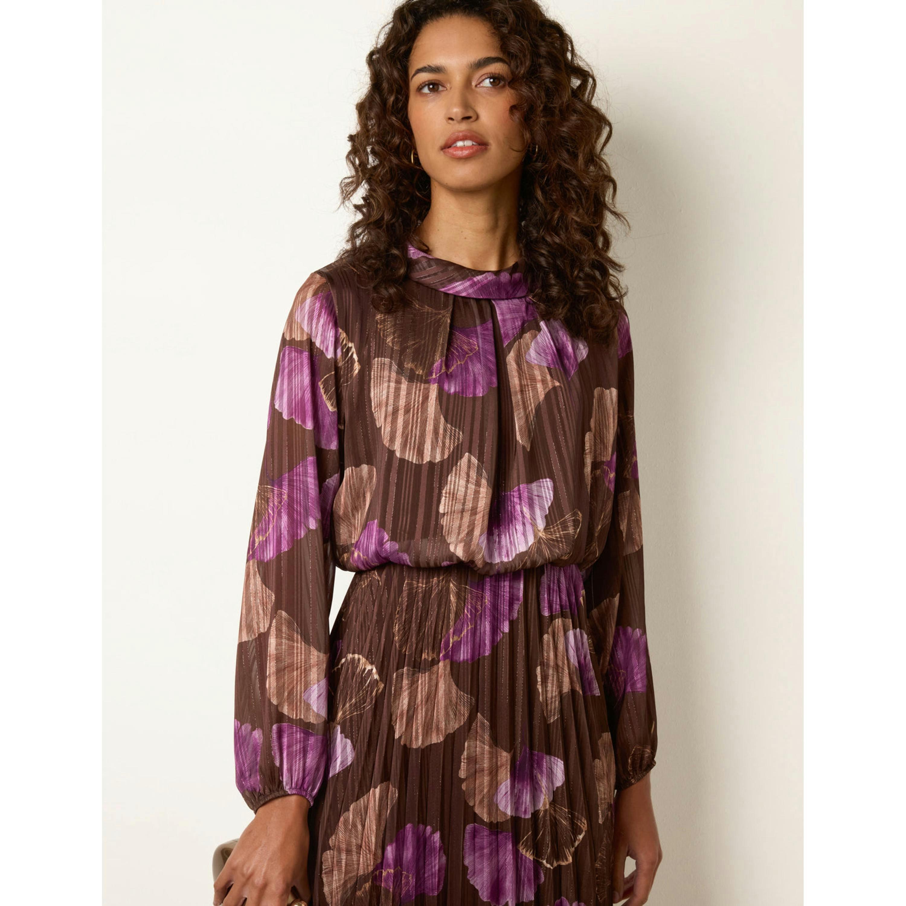 Blue Vanilla Metallic Chiffon Cowl Neck Pleated Dress  in Brown , view 4 of 4