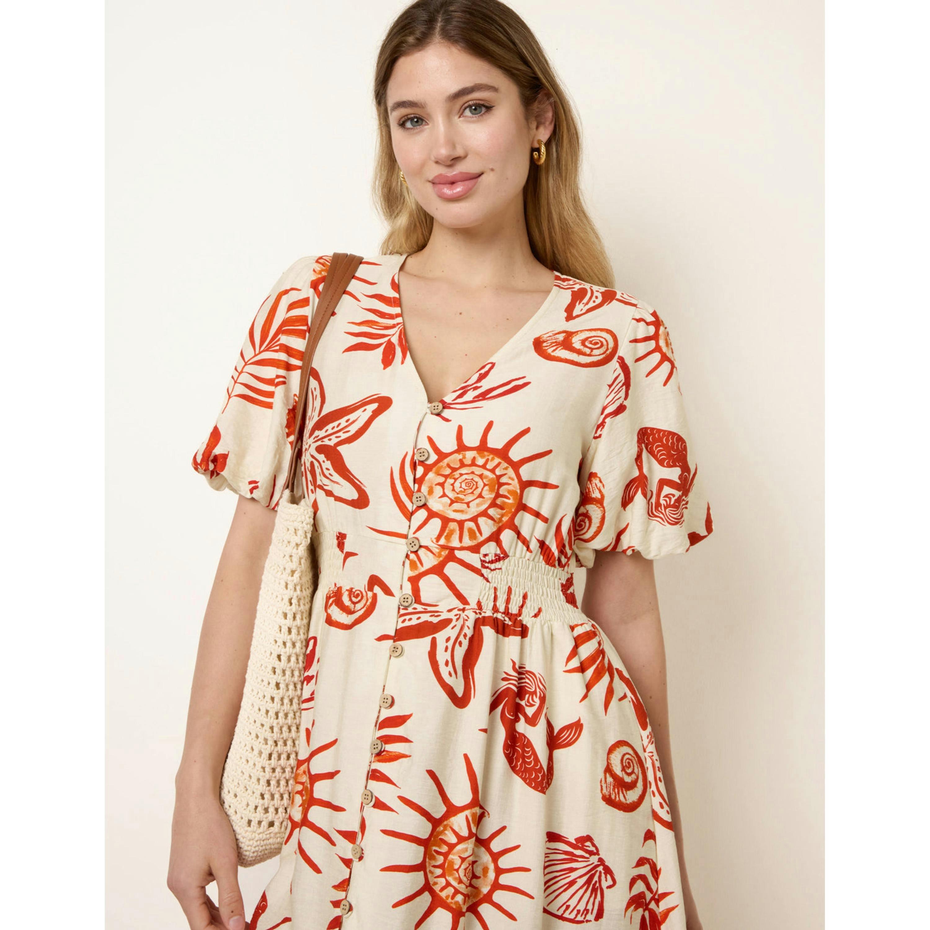 Blue Vanilla Tropical Button Through Midi Dress  in Orange , view 3 of 5