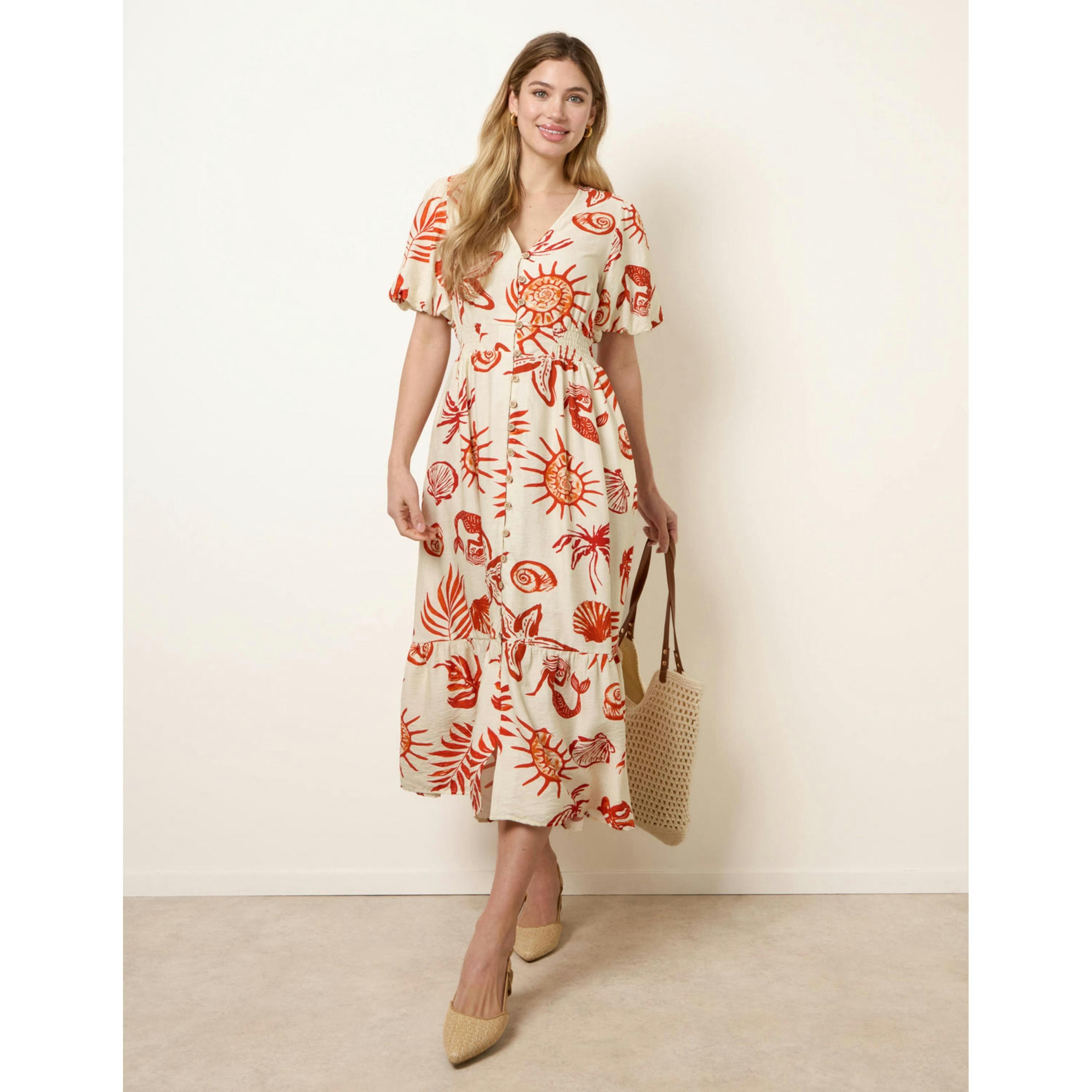 Blue Vanilla Tropical Button Through Midi Dress  in Orange , view 4 of 5
