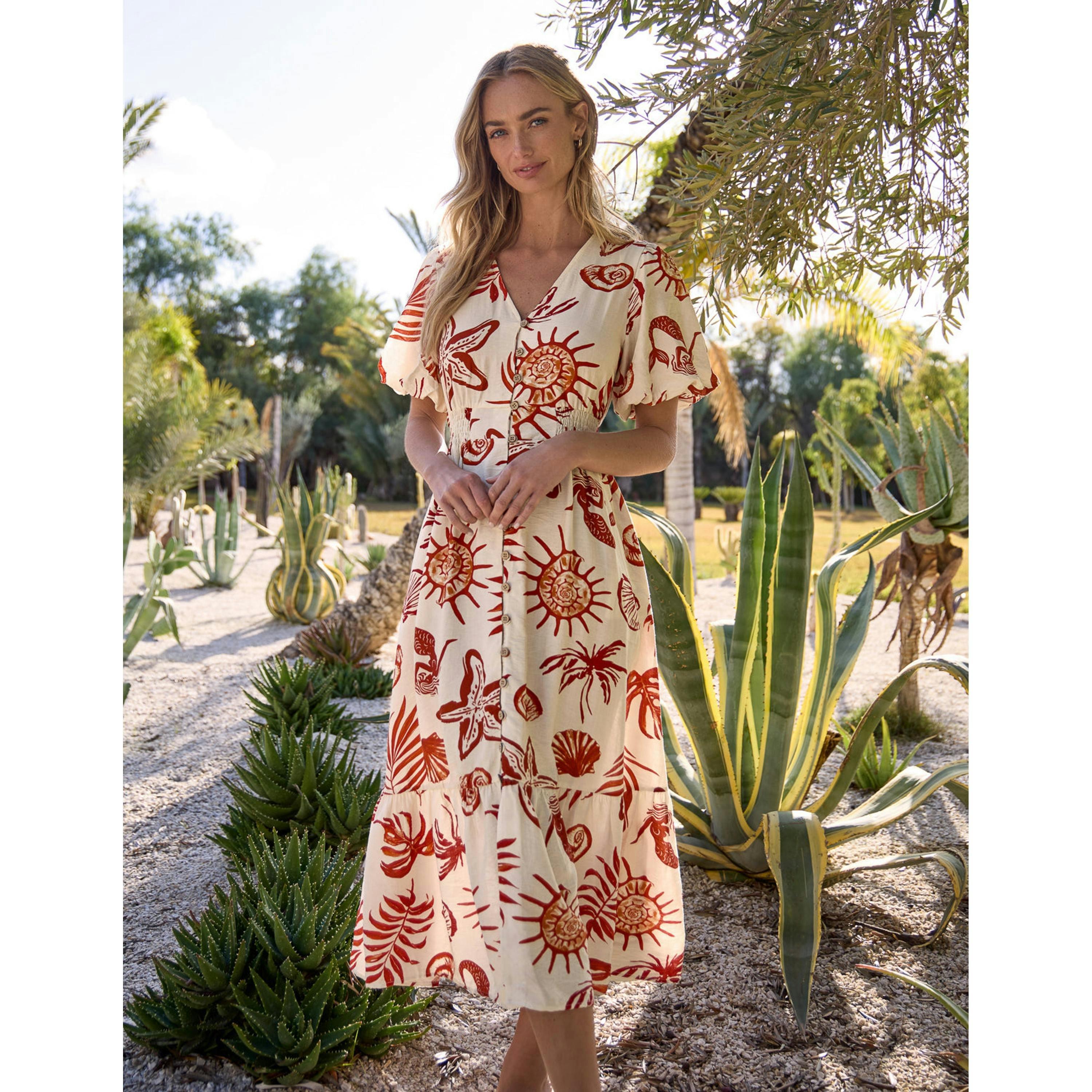 Blue Vanilla Tropical Button Through Midi Dress  in Orange , view 5 of 5