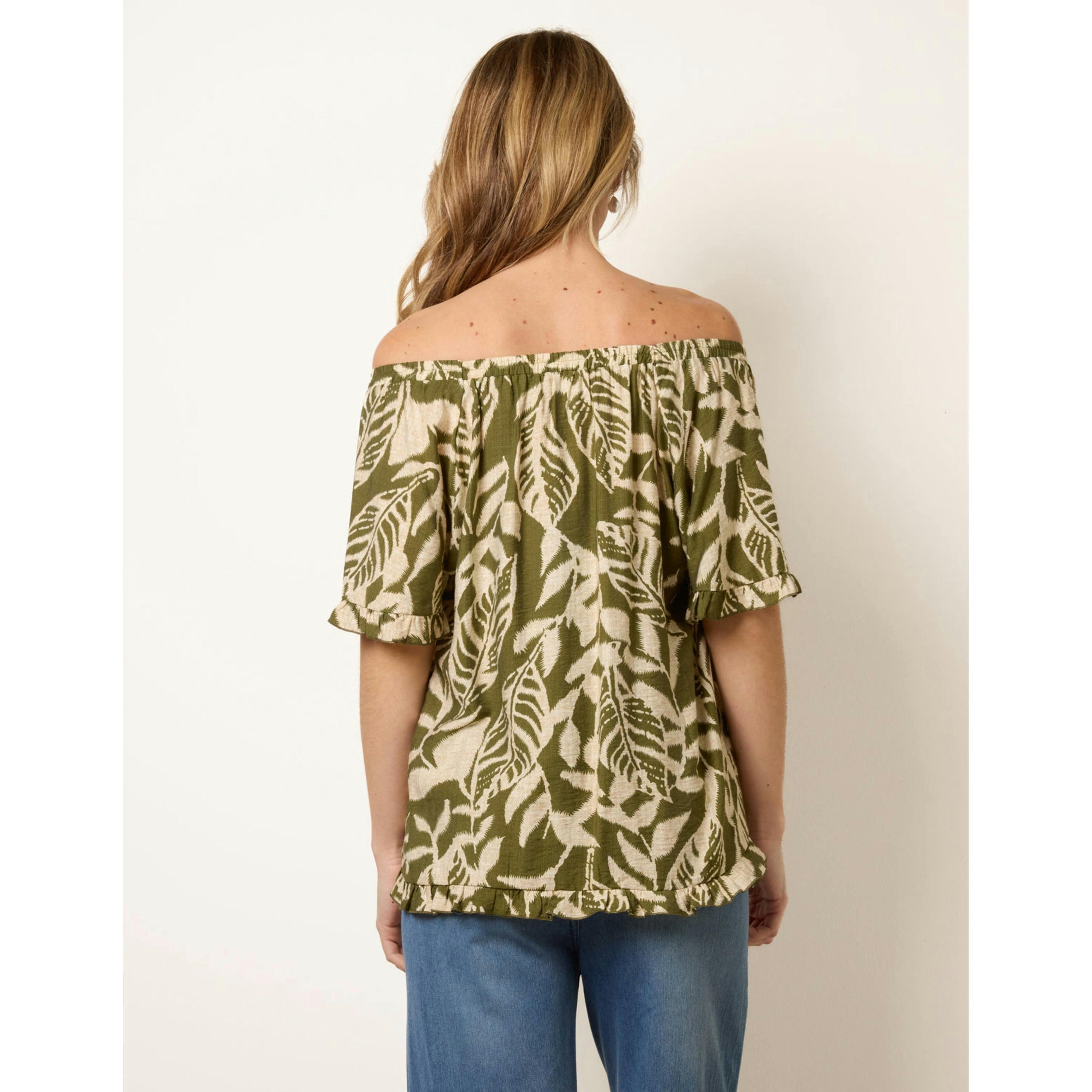 Blue Vanilla Printed Tie Front Top  in Khaki , view 2 of 4