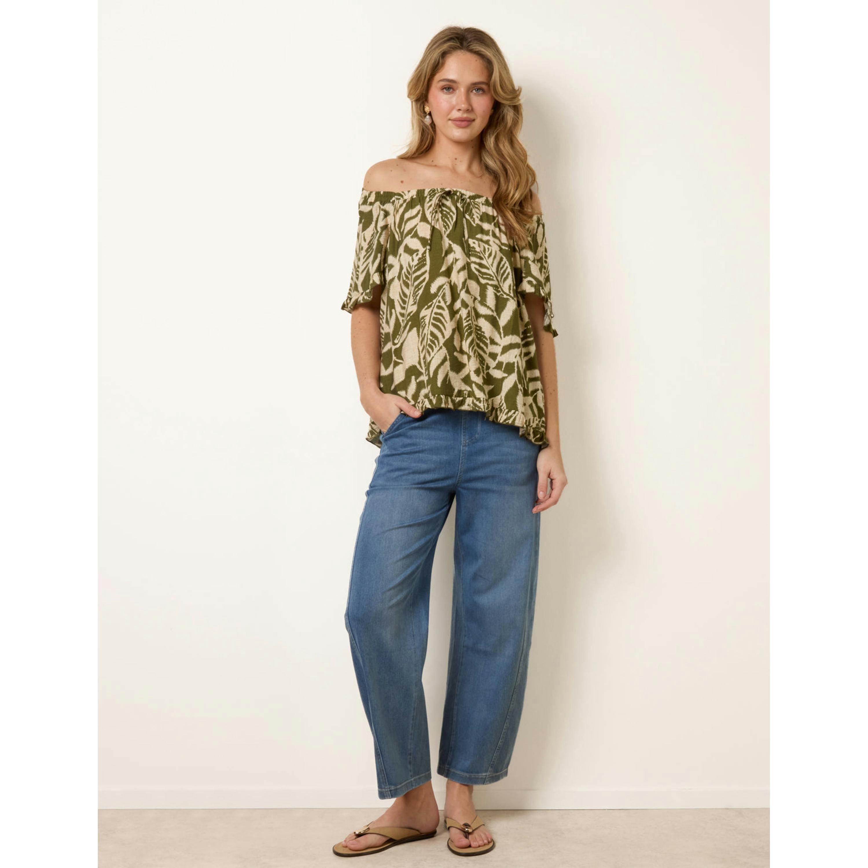 Blue Vanilla Printed Tie Front Top  in Khaki , view 3 of 4