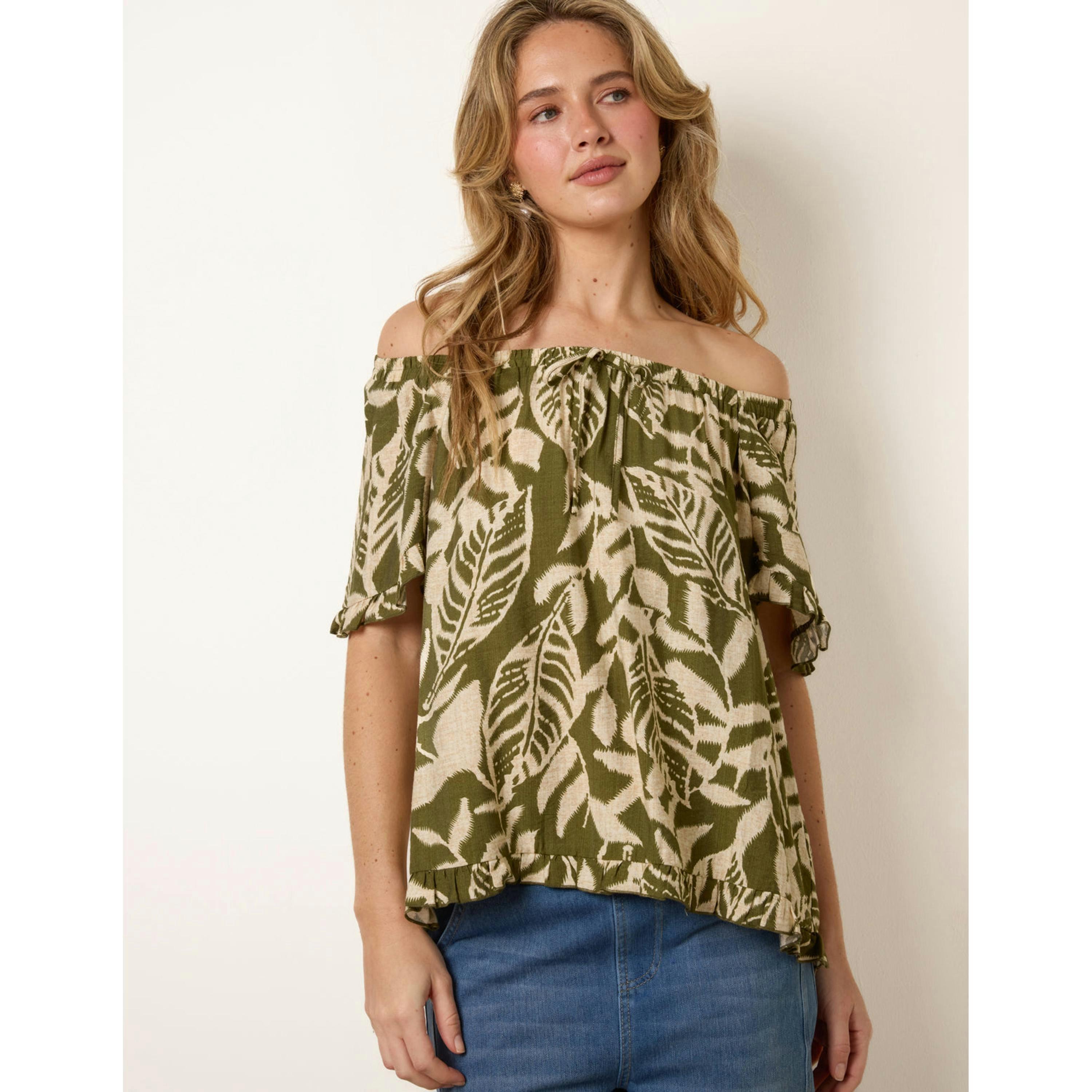 Blue Vanilla Printed Tie Front Top  in Khaki , view 4 of 4