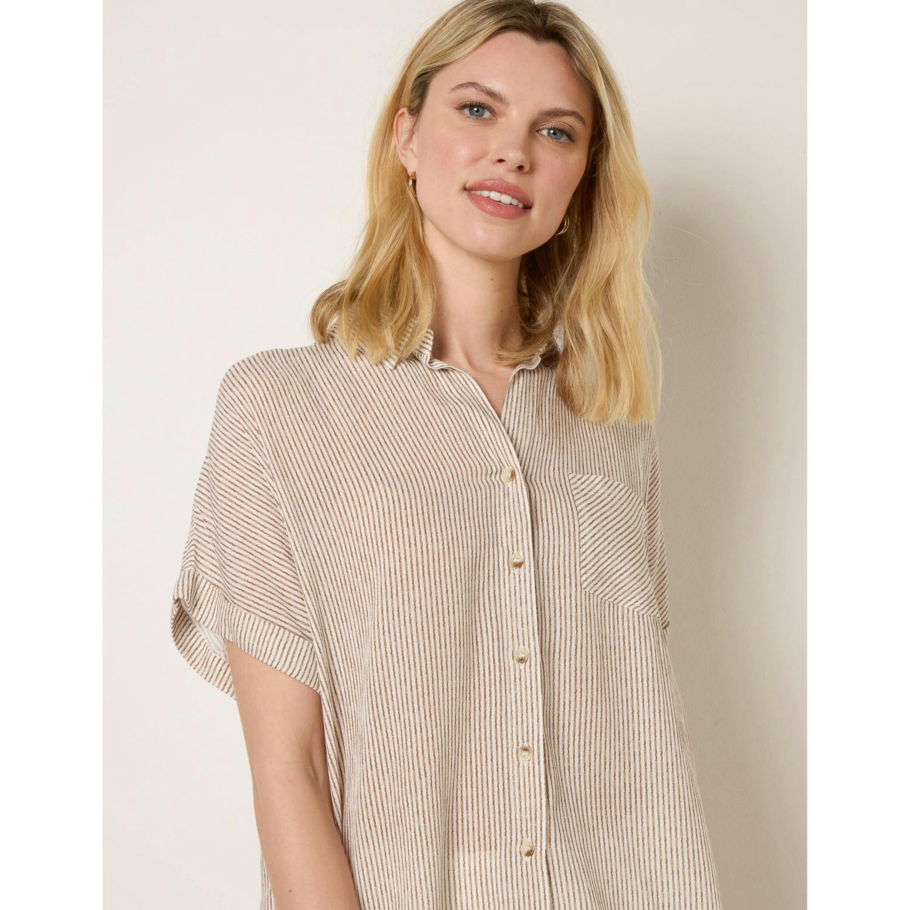 Blue Vanilla Stripe Button Front Shirt  in Beige , view 3 of 4
