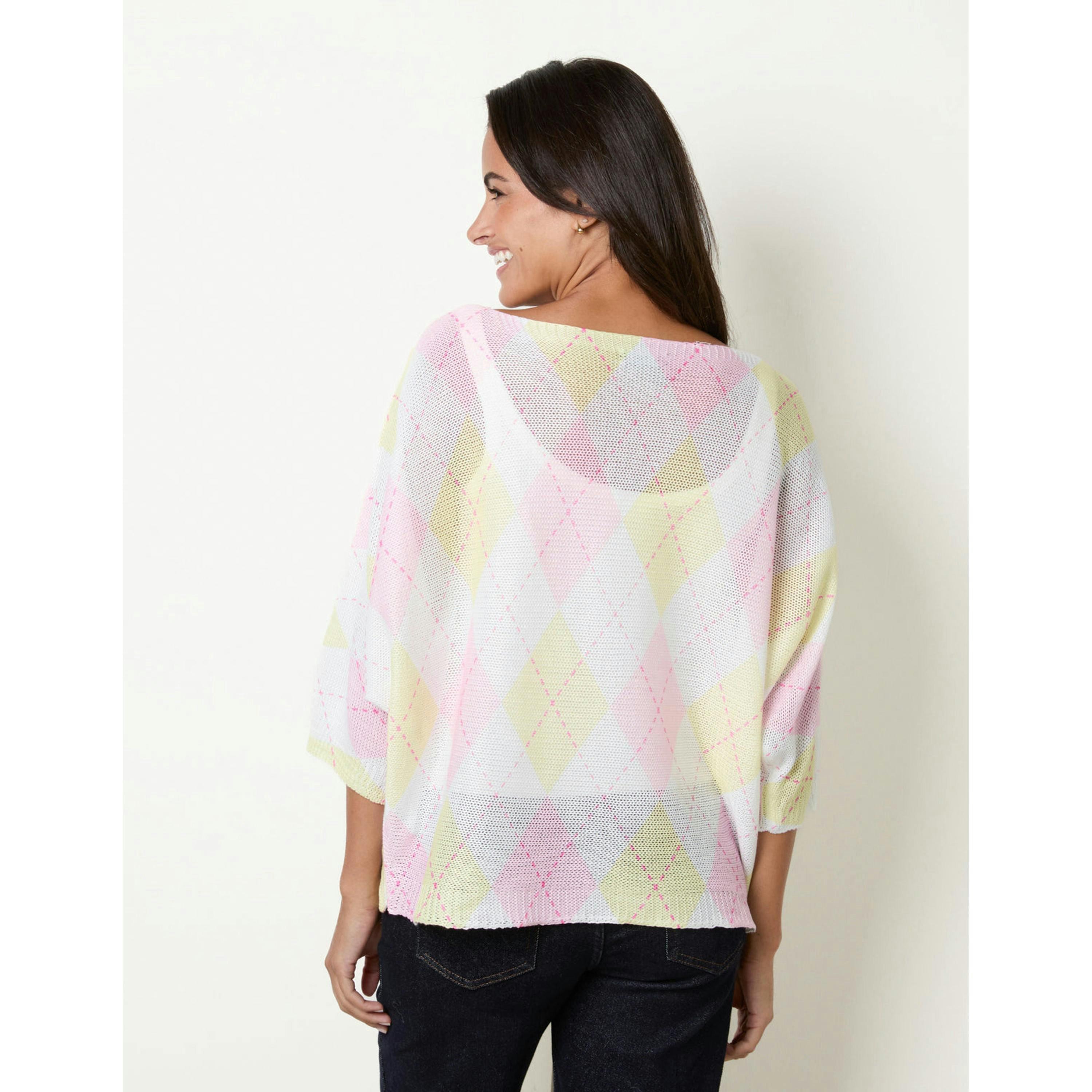 Blue Vanilla Diamond Print Fine Gauge Batwing Jumper  in White , view 2 of 4