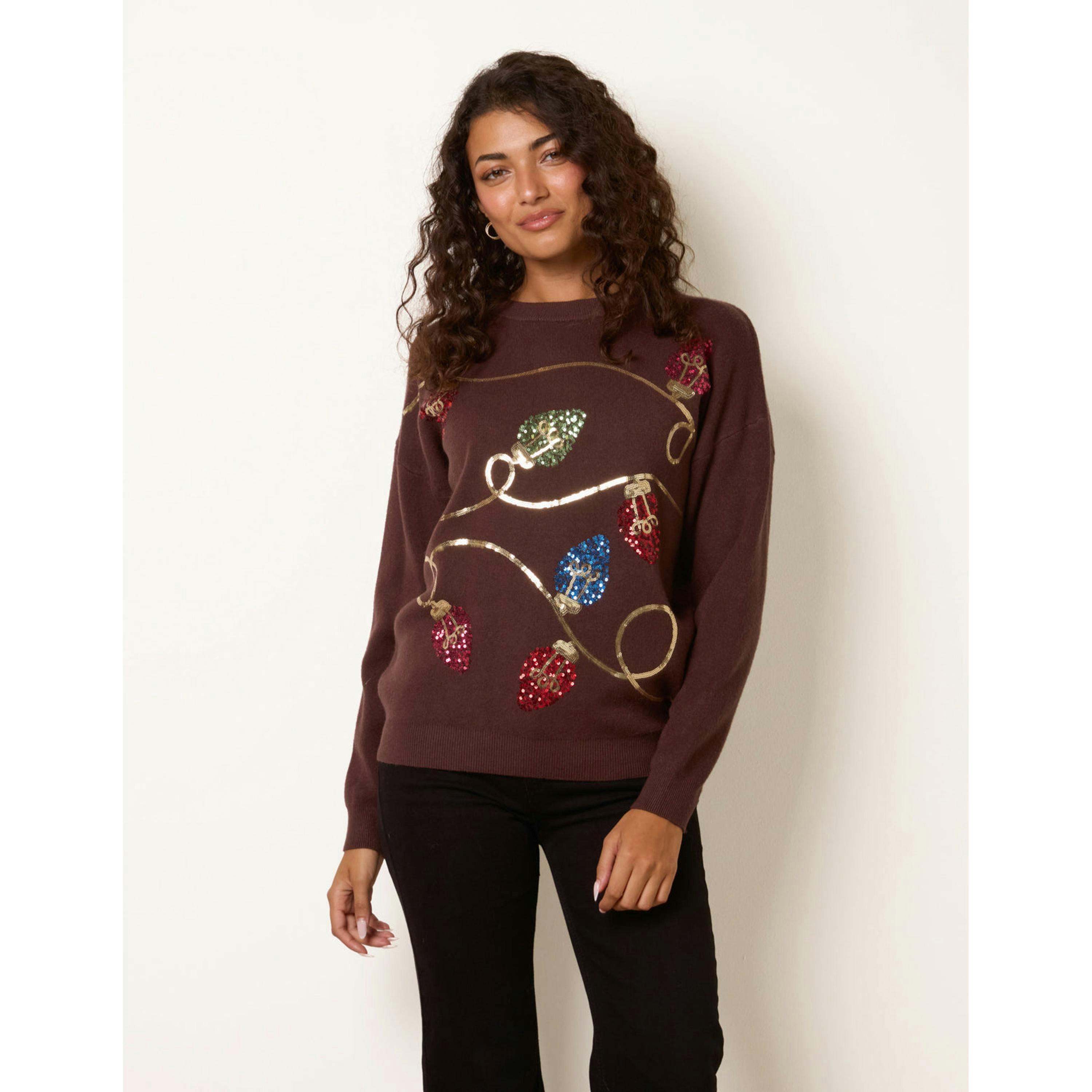 Blue Vanilla Festive Sequin Christmas Light Jumper  in Brown , view 2 of 4