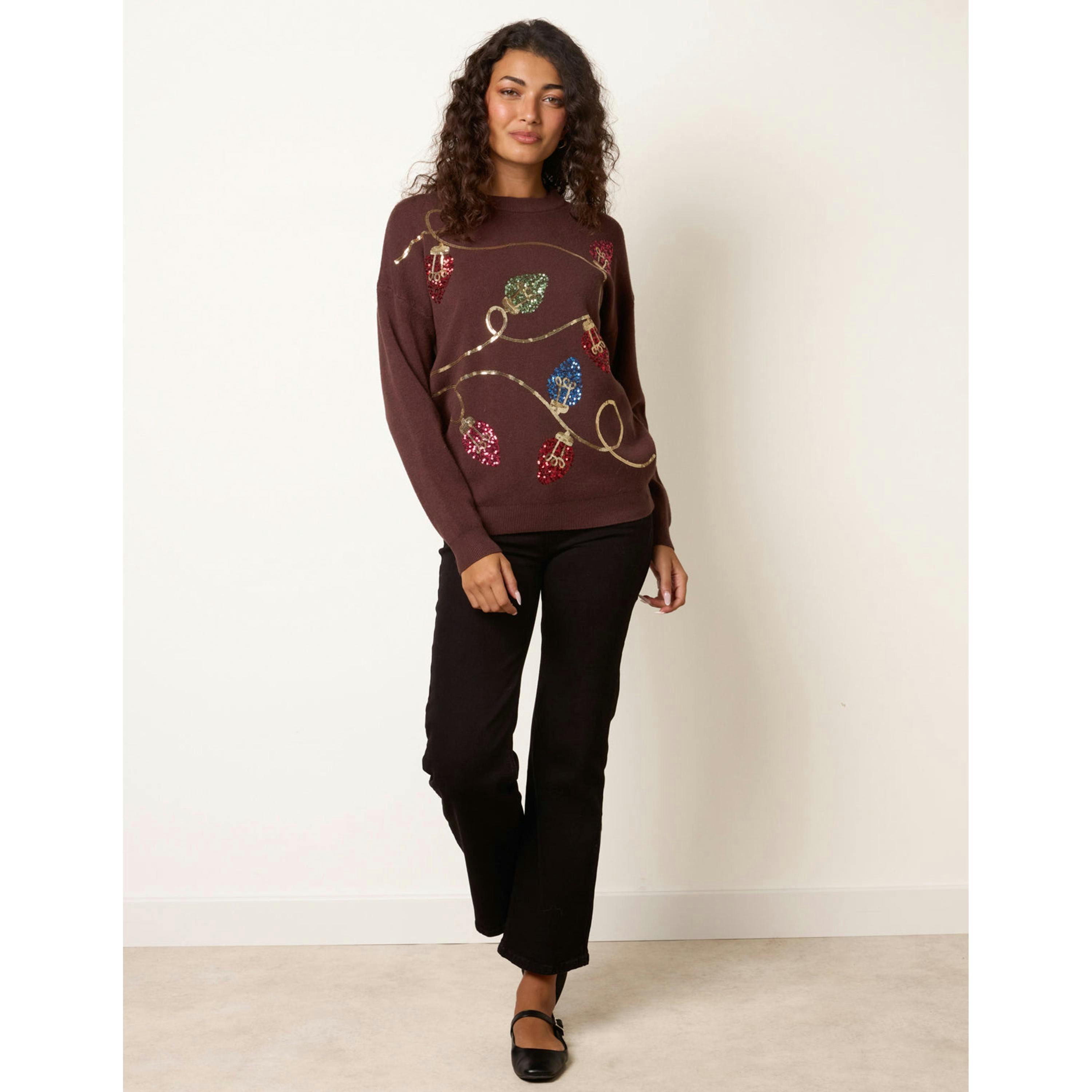 Blue Vanilla Festive Sequin Christmas Light Jumper  in Brown , view 4 of 4