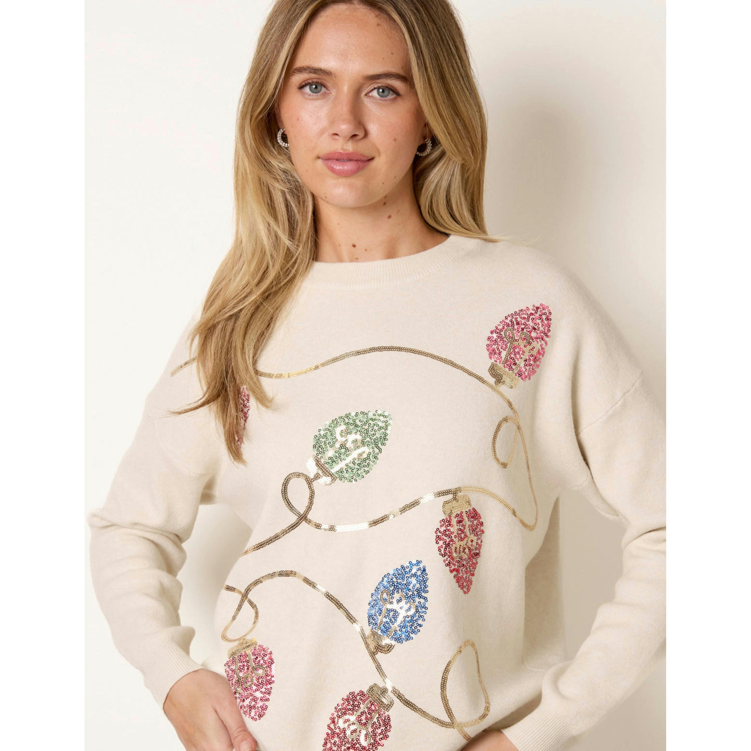 Blue Vanilla Festive Sequin Christmas Light Jumper  in Beige , view 3 of 4