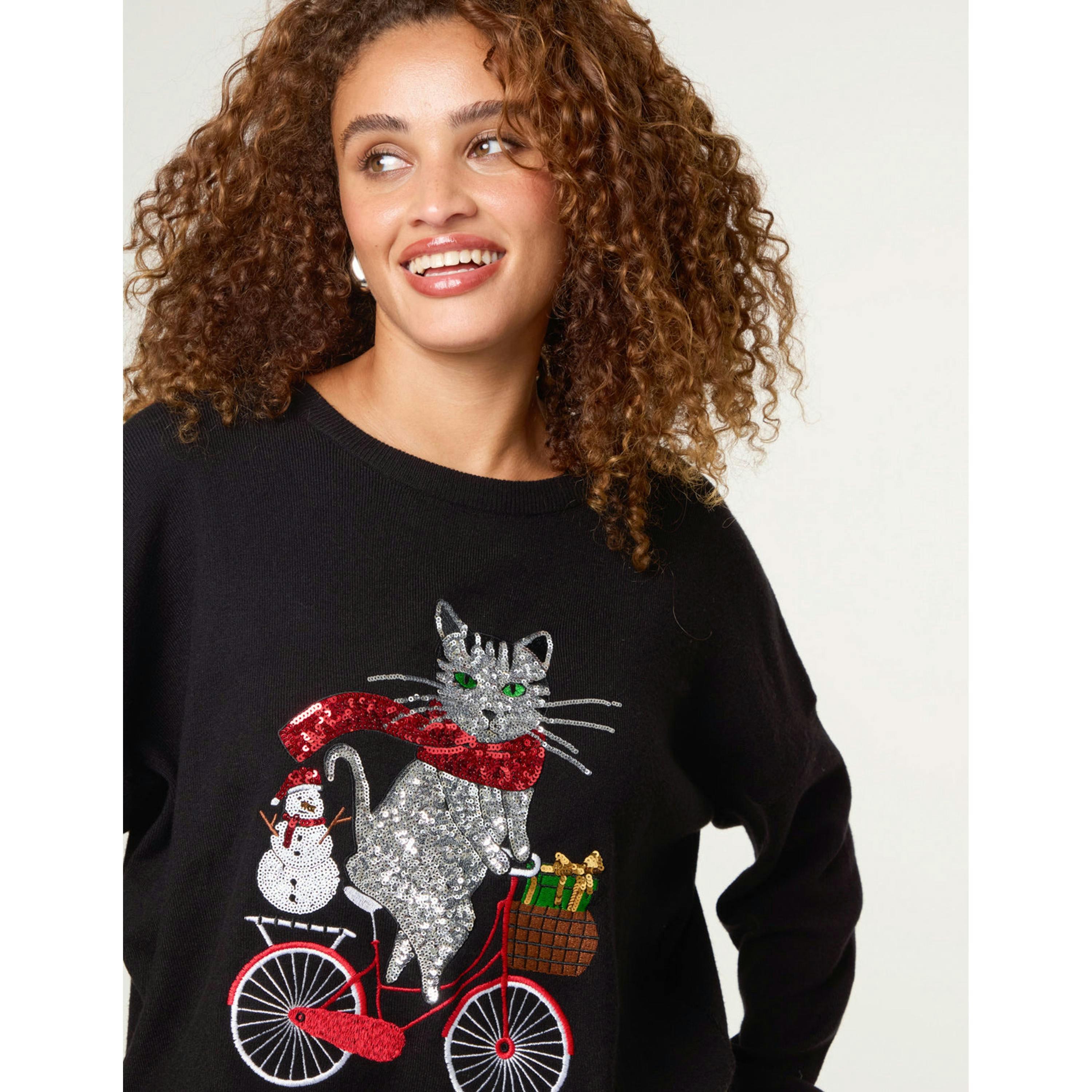 Blue Vanilla Christmas Cat On A Bike Jumper  in Black , view 3 of 4