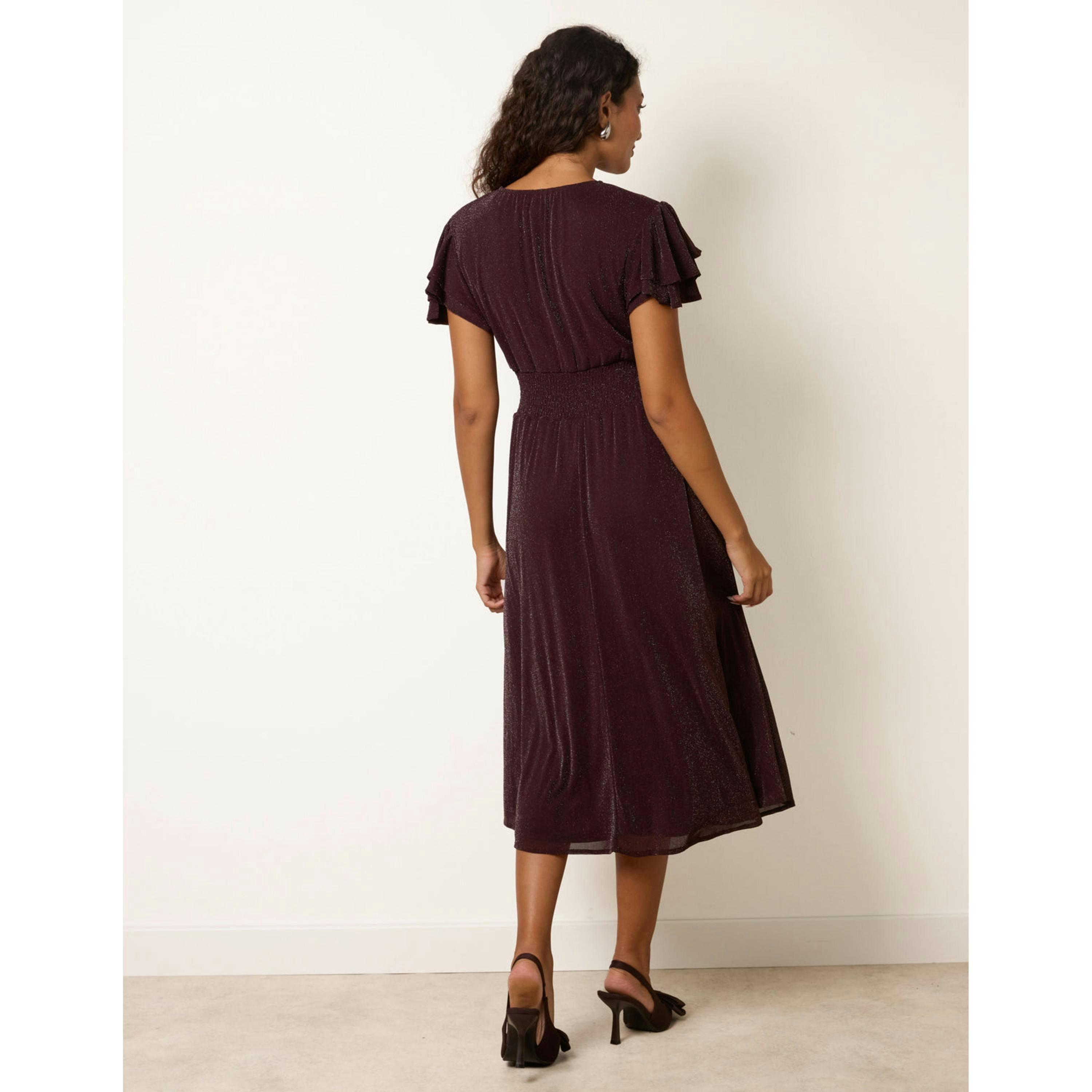 Blue Vanilla Metallic V Neck Double Frill Sleeve Midi  in Brown , view 2 of 4