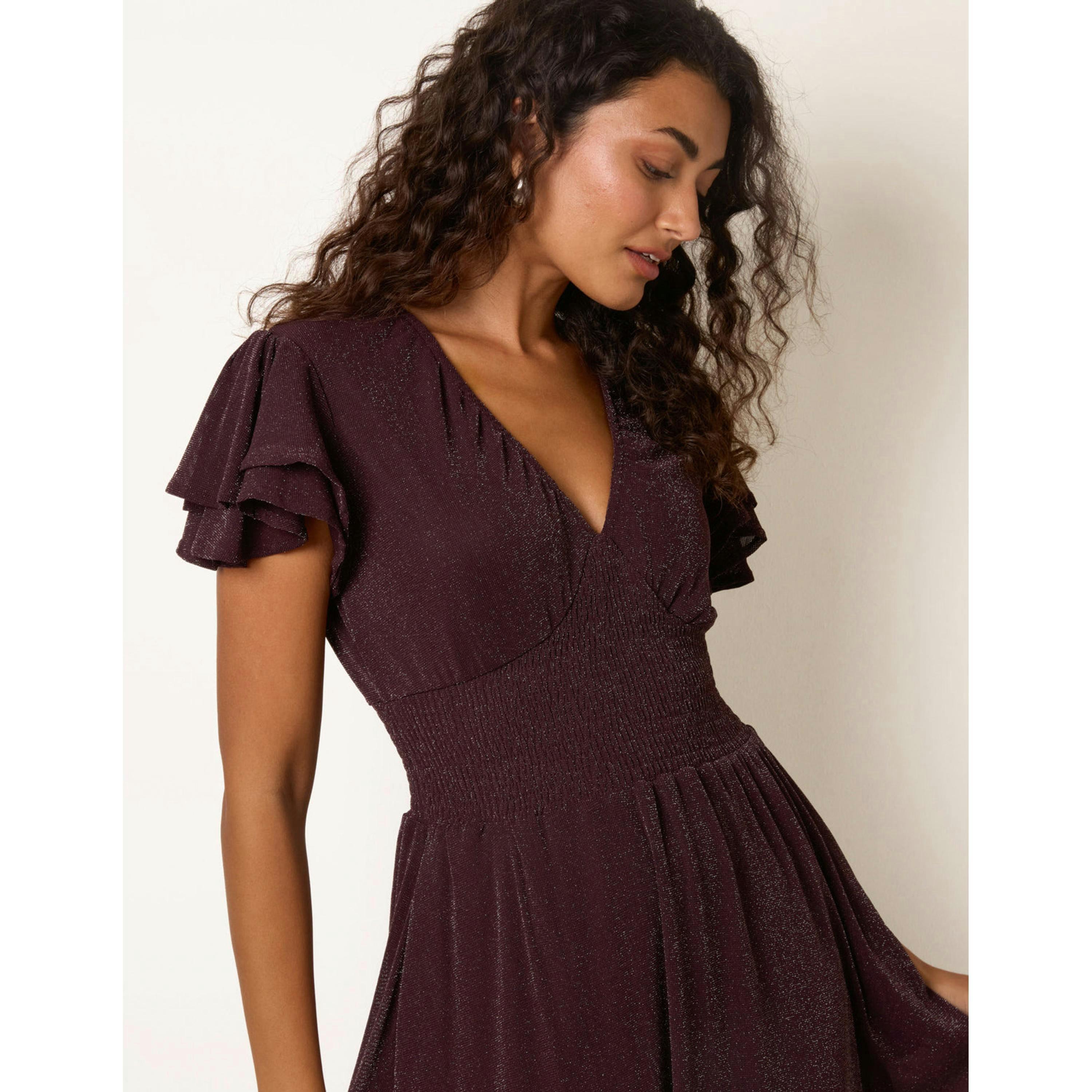 Blue Vanilla Metallic V Neck Double Frill Sleeve Midi  in Brown , view 3 of 4