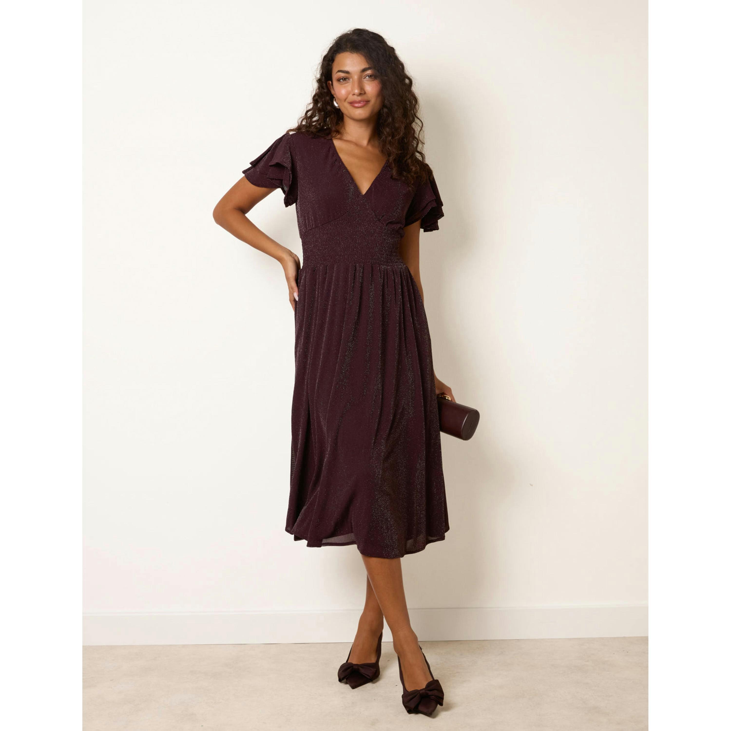 Blue Vanilla Metallic V Neck Double Frill Sleeve Midi  in Brown , view 4 of 4