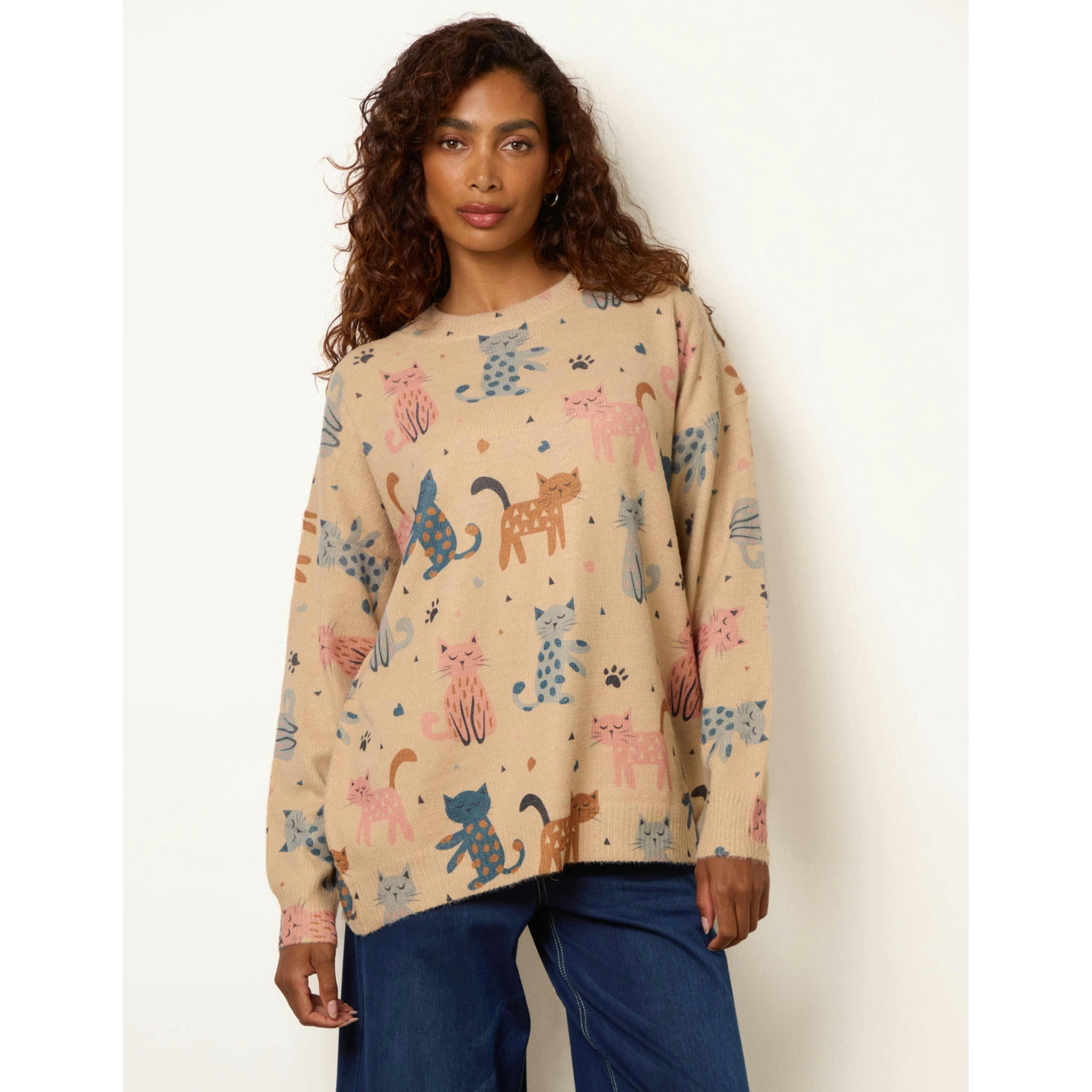 Blue Vanilla All-Over Colourful Cat Print Jumper  in Stone , view 2 of 4
