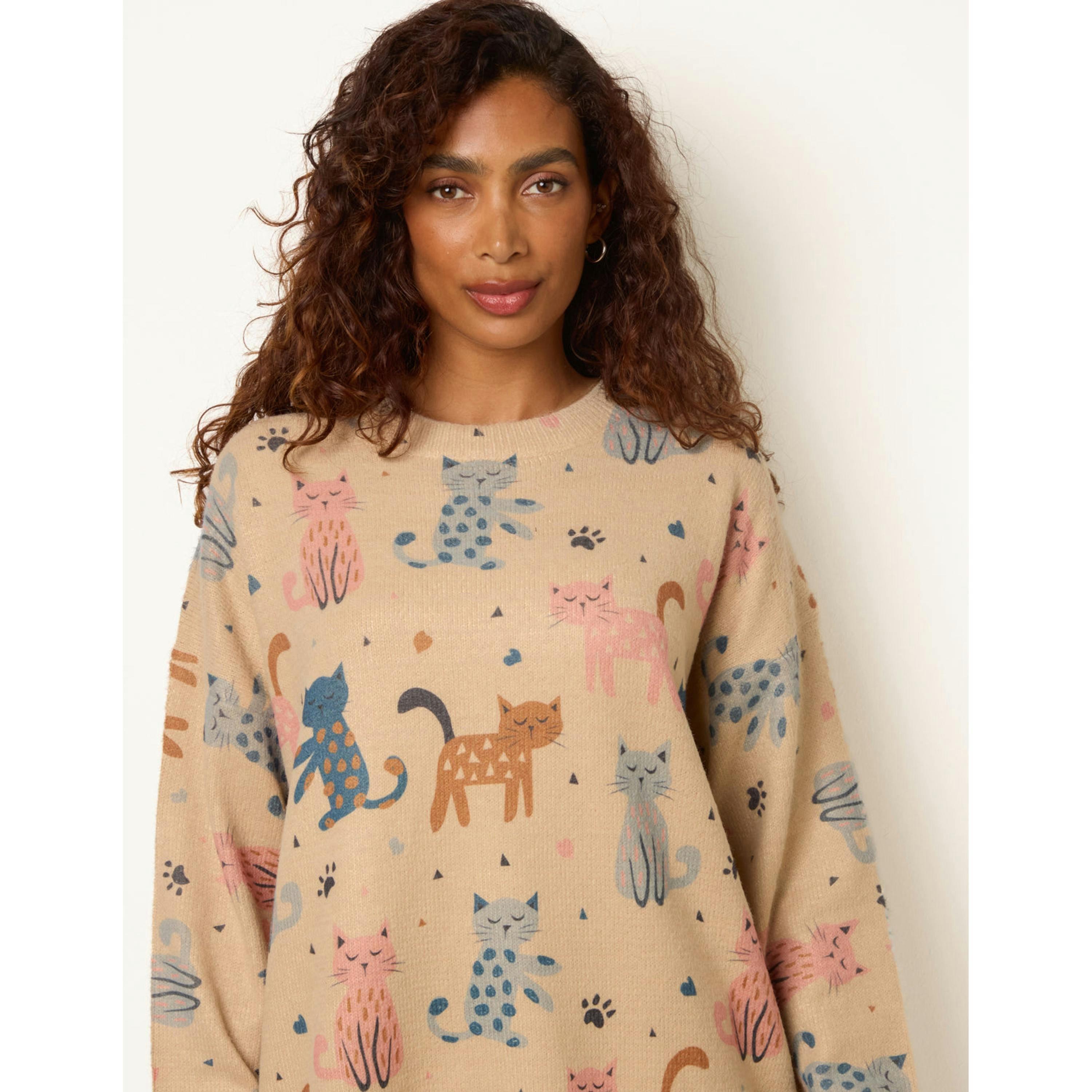 Blue Vanilla All-Over Colourful Cat Print Jumper  in Stone , view 3 of 4