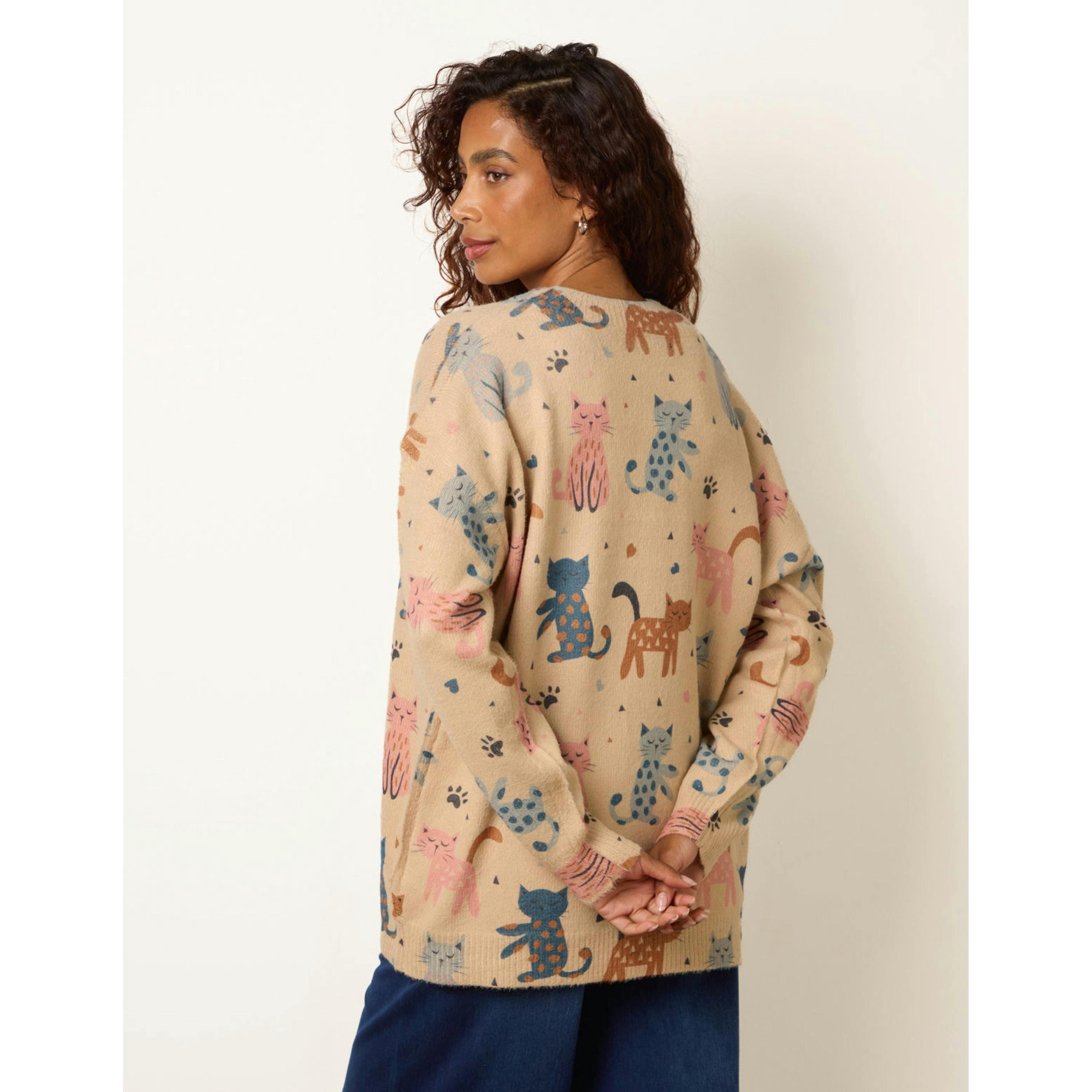 Blue Vanilla All-Over Colourful Cat Print Jumper  in Stone , view 4 of 4