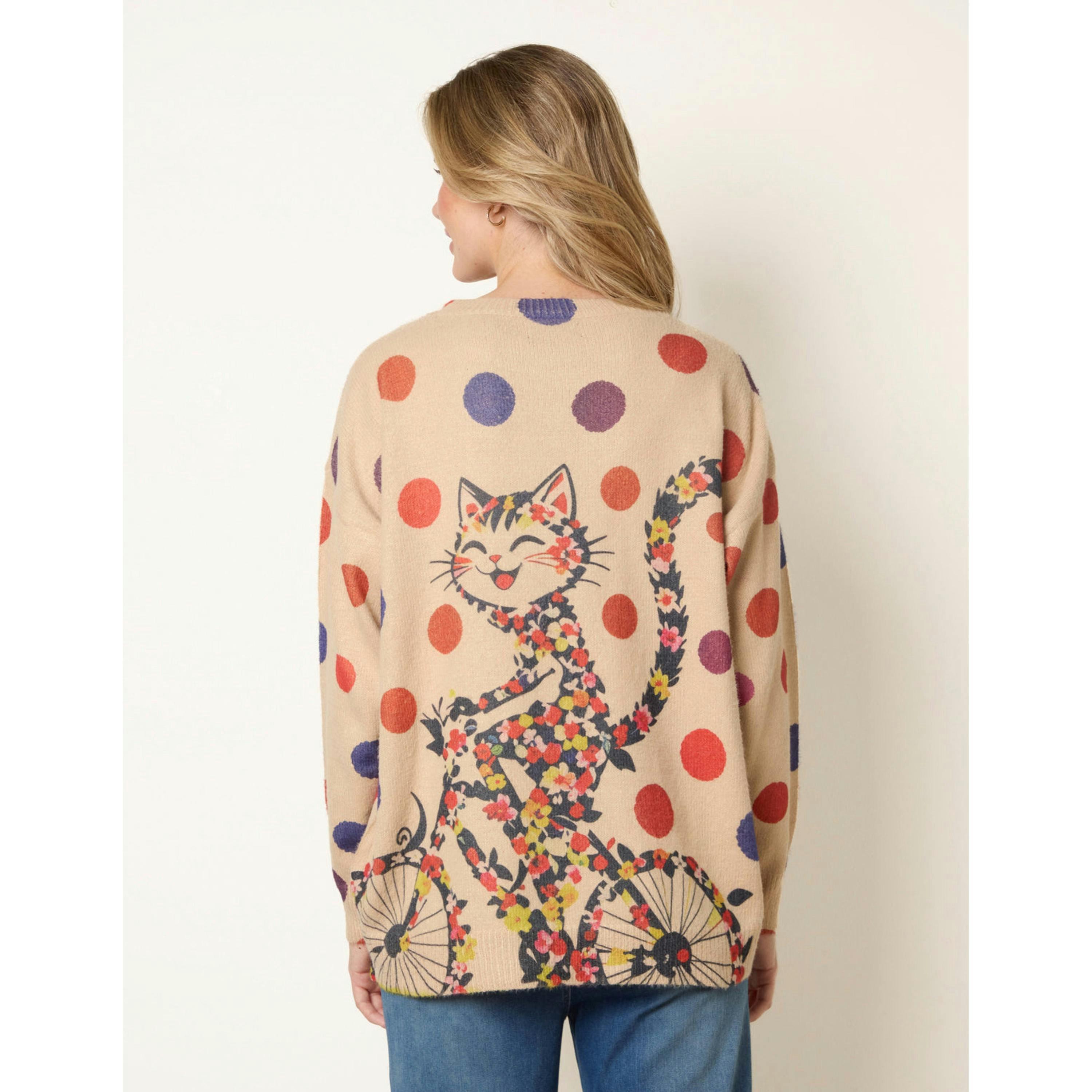 Blue Vanilla Floral Cat-On-Bicycle Jumper  in Stone , view 2 of 4