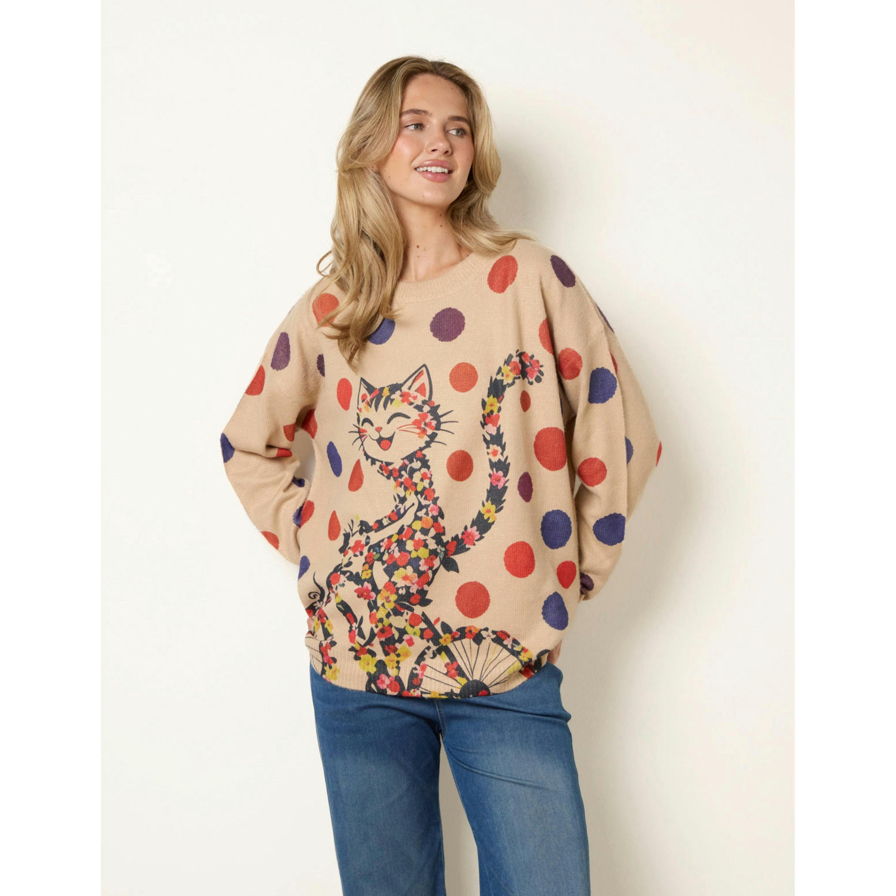 Blue Vanilla Floral Cat-On-Bicycle Jumper  in Stone , view 3 of 4
