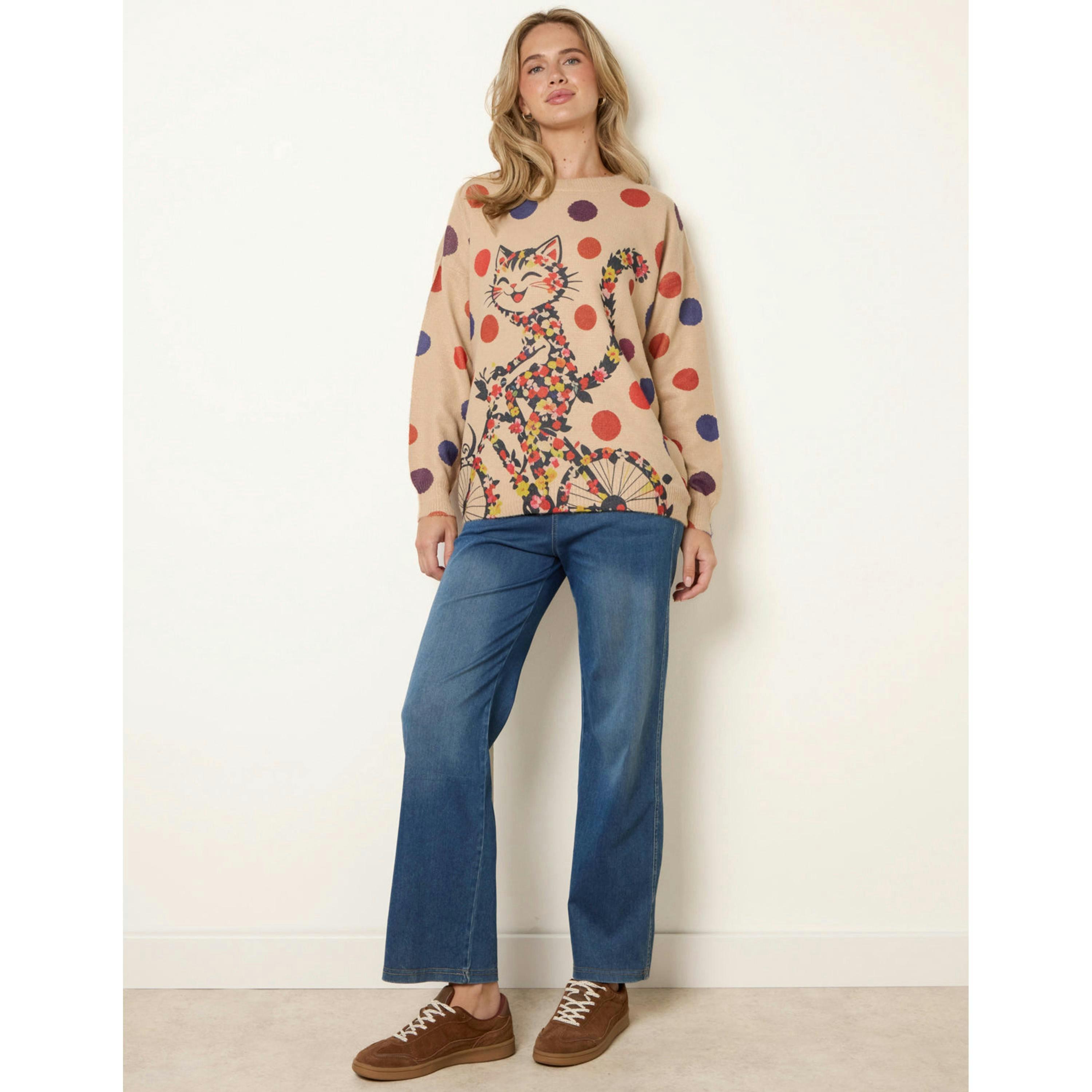 Blue Vanilla Floral Cat-On-Bicycle Jumper  in Stone , view 4 of 4