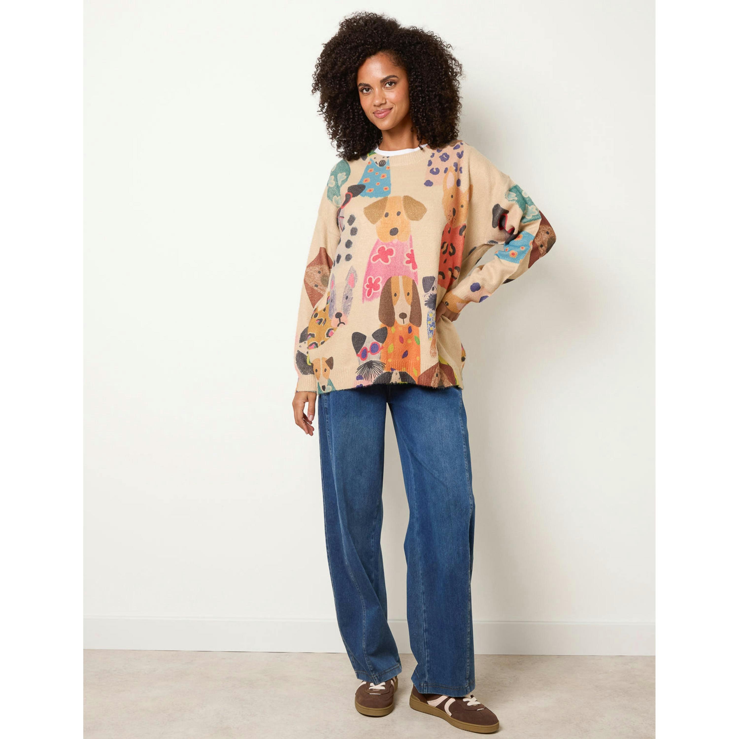 Blue Vanilla Multicolor Dog Print Jumper  in Stone , view 2 of 4